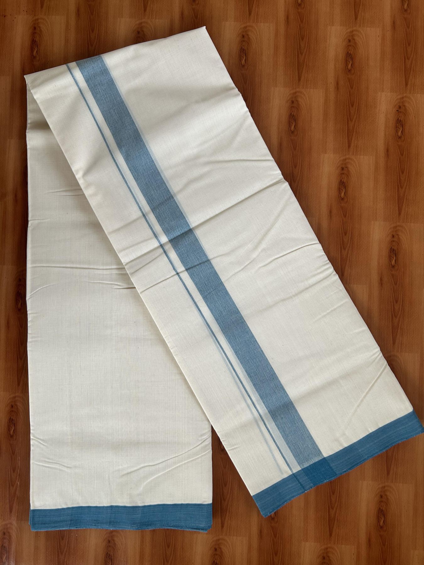 25% Discount! KaithariKada Handloom Millpaav - Kerala Handloom - Cotton Double Mundu/Dhoti Off white (Unbleached) - 80x90 - 1.25 inch Light Peacock Blue Shaded Kara 3.80 meter (8 Muzham) - 28 KK5383 RAM