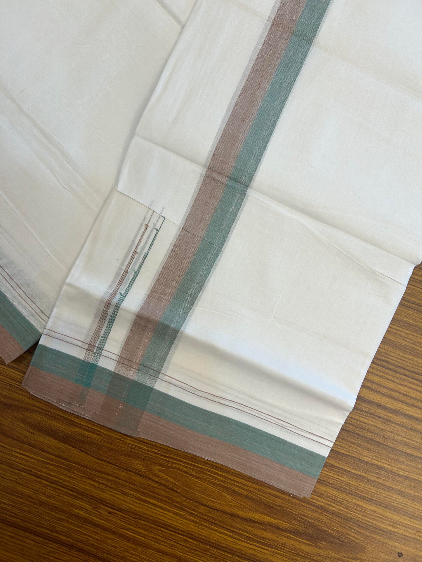 20% Discount ! KaithariKada Balaramapuram 100% Cotton Pure white Double Mundu/Dhoti - 100x80 - 1.75 inch Light Green & Saddle Brown chutty 4 M (8.5 muzham) - 55 KK5363 VIN