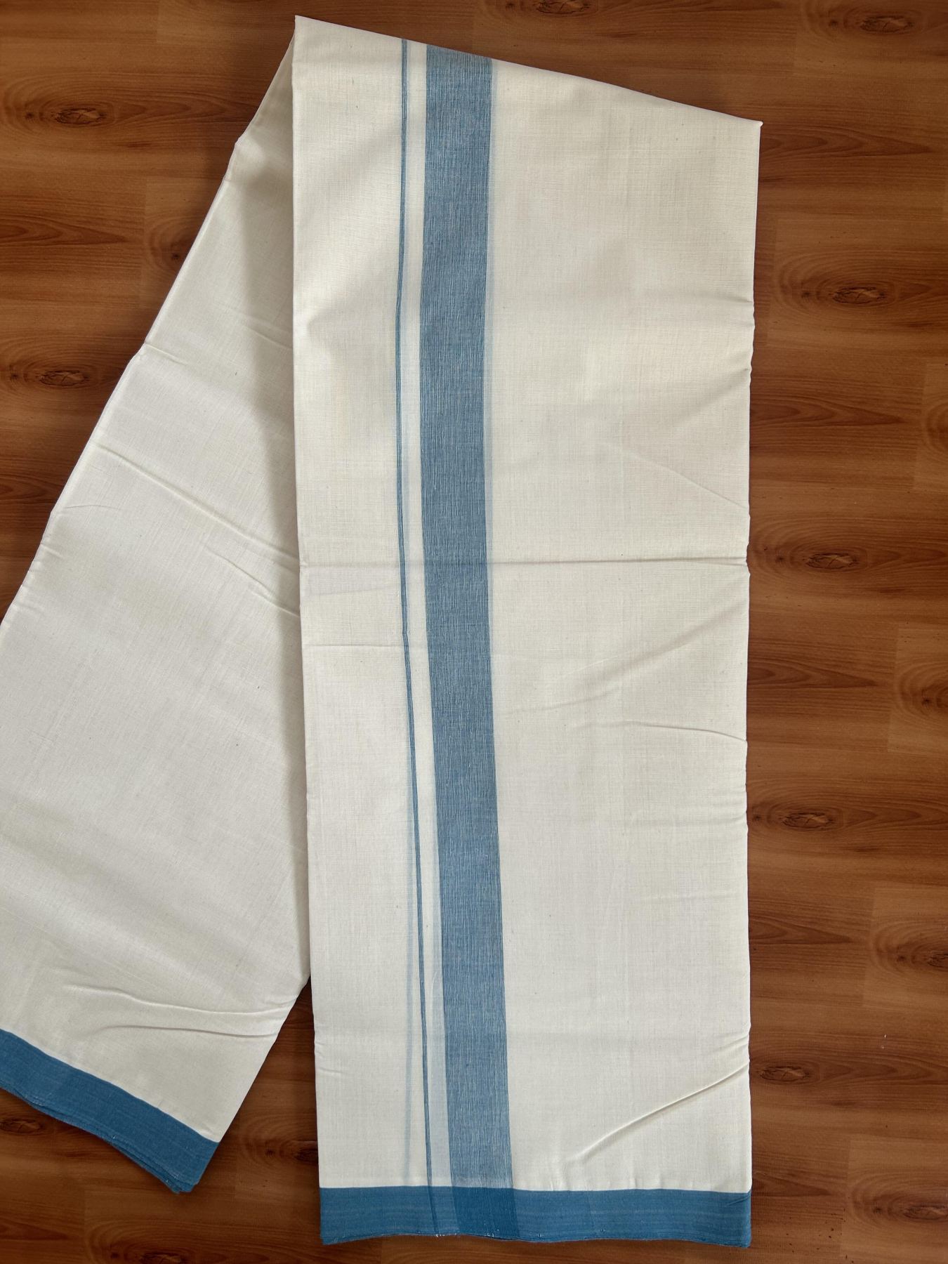 25% Discount! KaithariKada Handloom Millpaav - Kerala Handloom - Cotton Double Mundu/Dhoti Off white (Unbleached) - 80x90 - 1.25 inch Light Peacock Blue Shaded Kara 3.80 meter (8 Muzham) - 28 KK5383 RAM