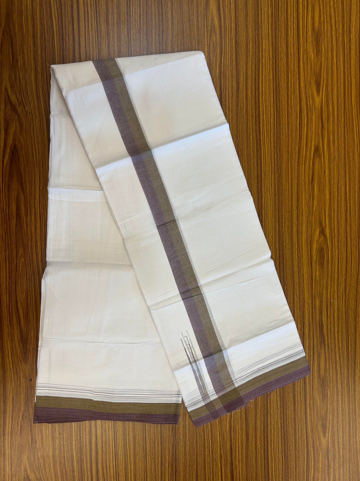 20% Discount ! KaithariKada Balaramapuram 100% Cotton Pure white Double Mundu/Dhoti - 100x80 - 1.75 inch Dark Mustard & Wine chutty 4 M (8.5 muzham) - 52 KK5363 VIN