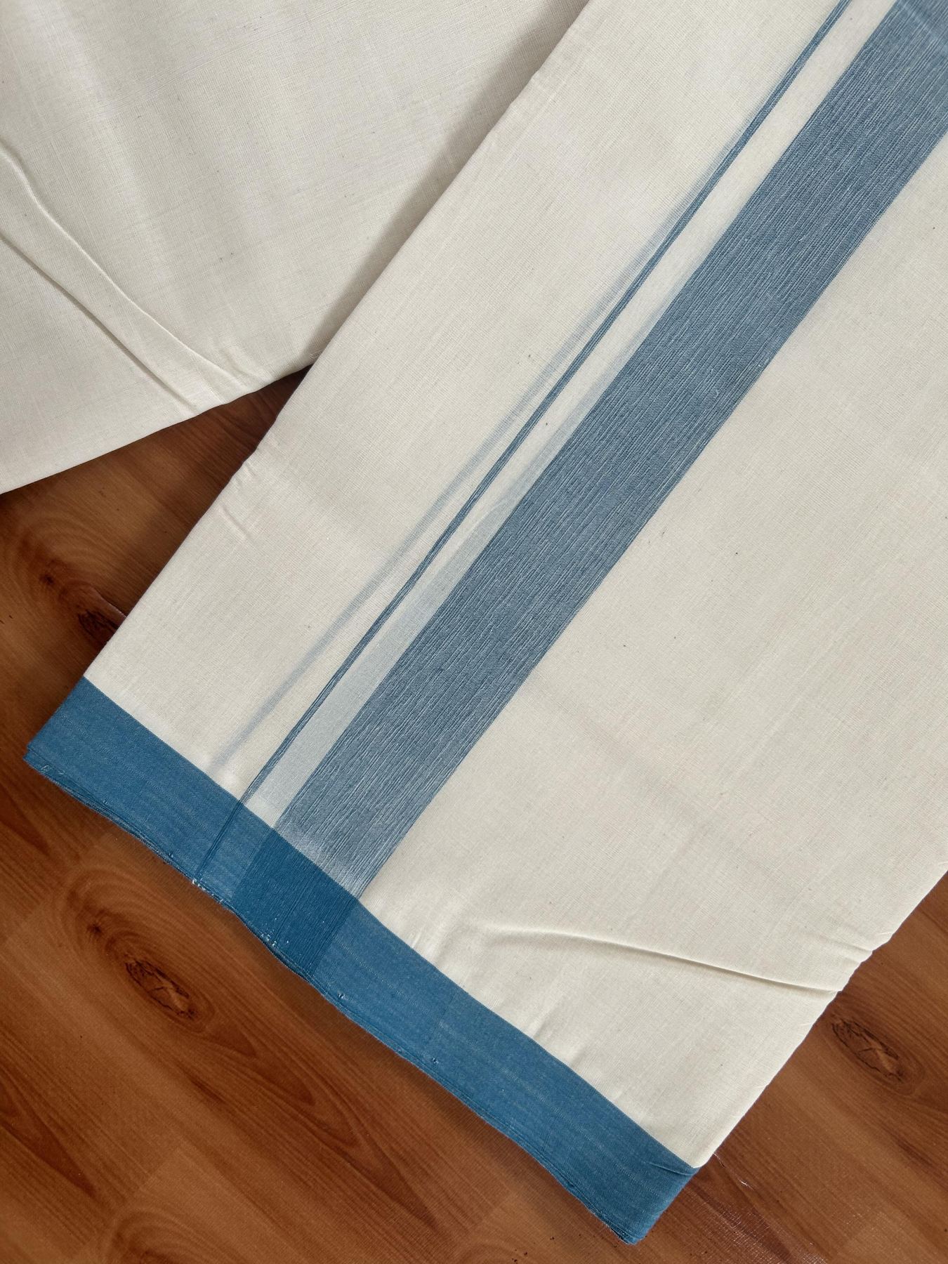25% Discount! KaithariKada Handloom Millpaav - Kerala Handloom - Cotton Double Mundu/Dhoti Off white (Unbleached) - 80x90 - 1.25 inch Light Peacock Blue Shaded Kara 3.80 meter (8 Muzham) - 28 KK5383 RAM