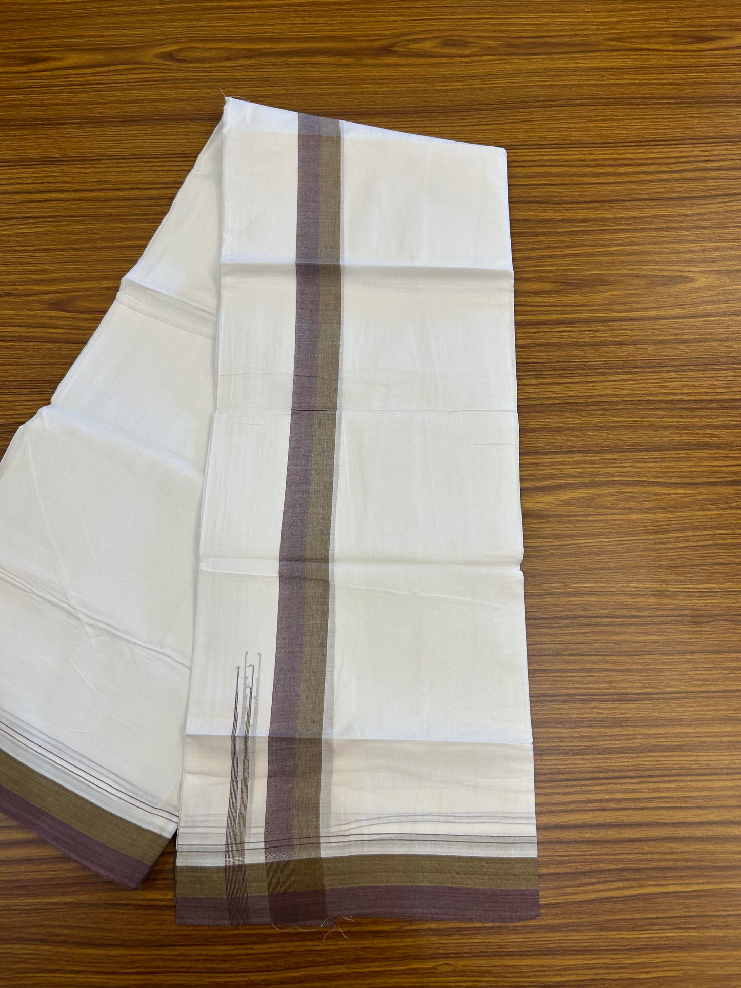 20% Discount ! KaithariKada Balaramapuram 100% Cotton Pure white Double Mundu/Dhoti - 100x80 - 1.75 inch Dark Mustard & Wine chutty 4 M (8.5 muzham) - 52 KK5363 VIN