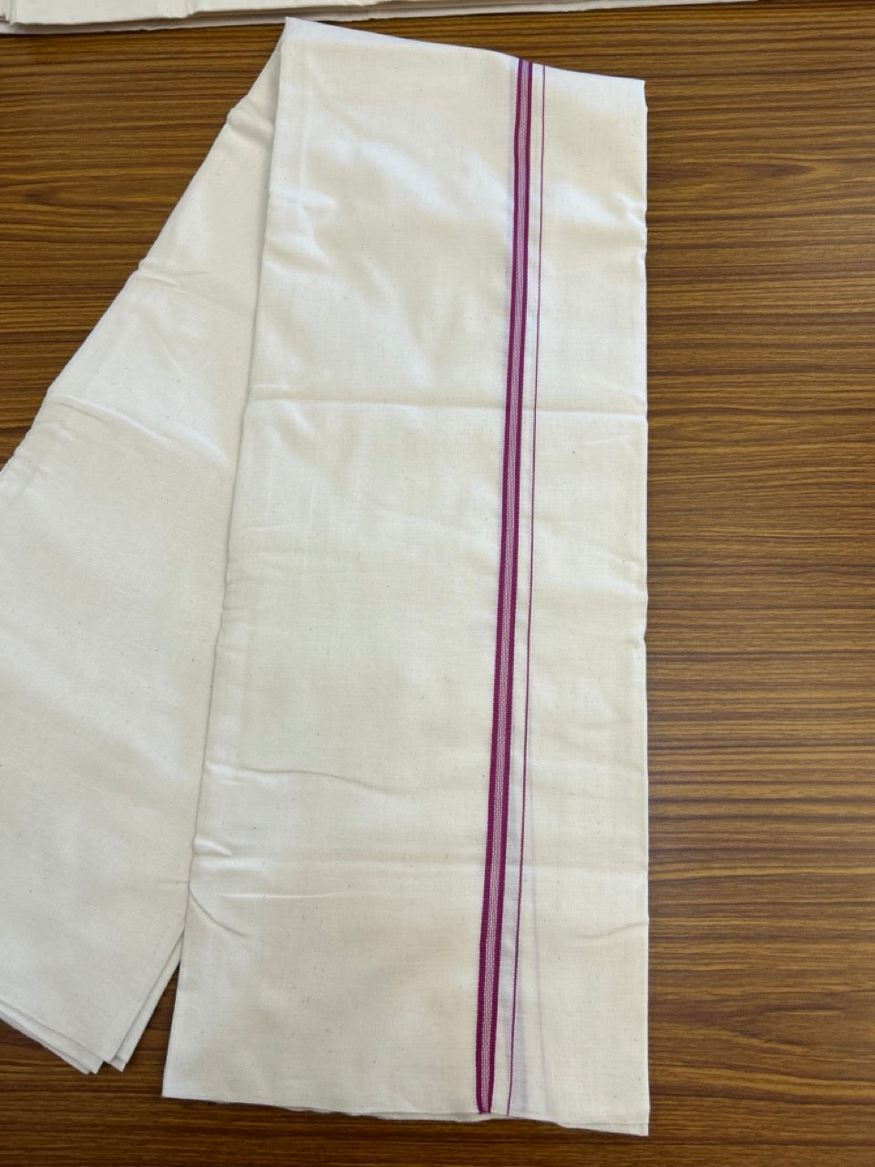 25% Discount!! Signature Kaitharikada Exclusive Single Dhoti - 100% Cotton Balaramapuram Handloom Single Mundu/Dhoti - Off White (Unbleached)- 1 cm Magenta Striped Kara (2 meter / 4 muzham) - 8 KK5304KAI
