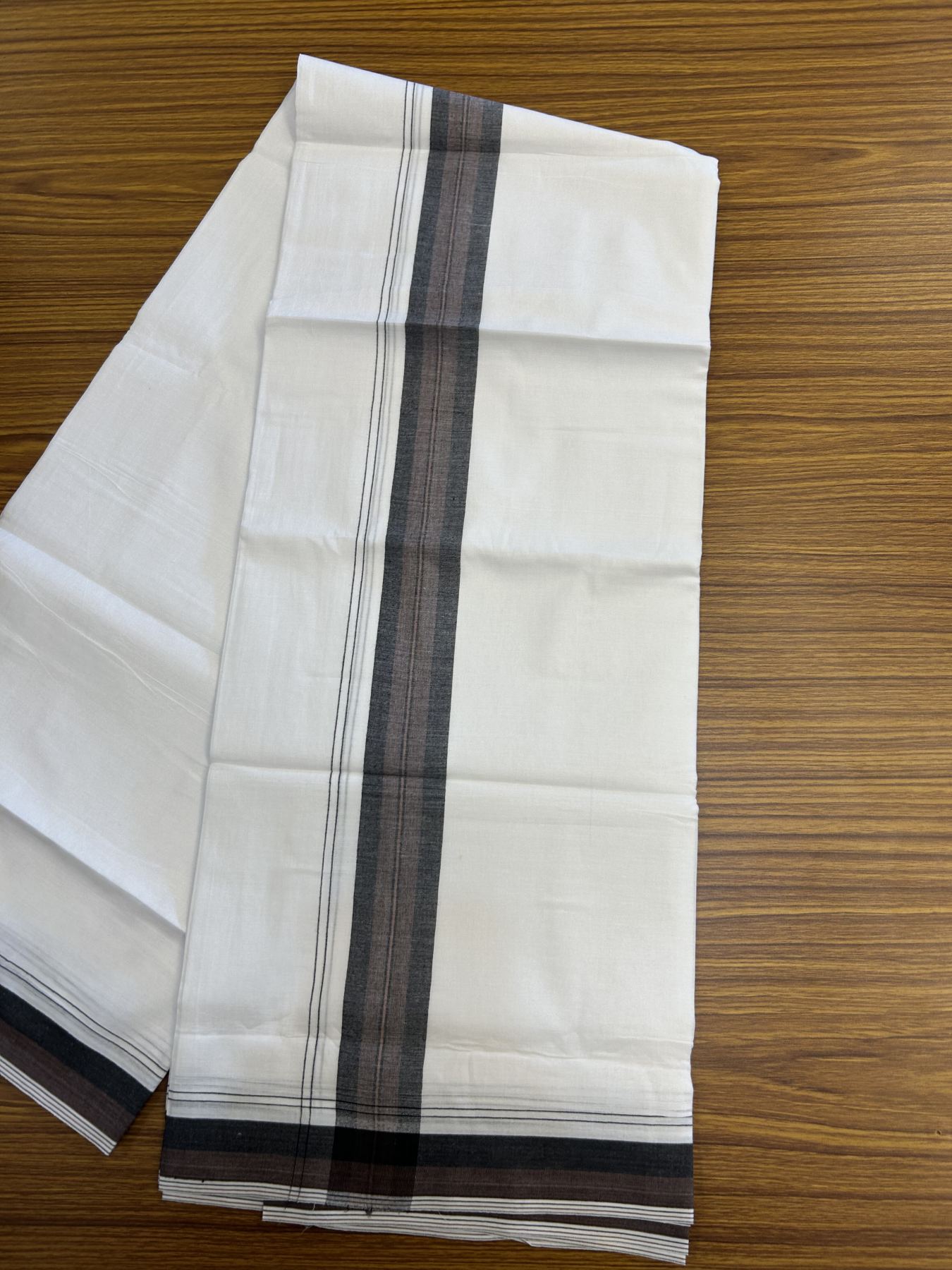 20% Discount! KaithariKada Balaramapuram 100% Cotton Double Pure white Mundu/Dhoti - 100X80 - 1.5 inch Black & Brown shaded kara - 4 mtr ( 8.5 muzham) - 117 KK5341 VIN