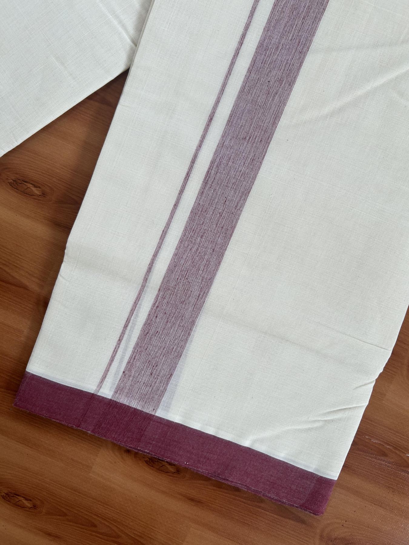 25% Discount! KaithariKada Handloom Millpaav - Kerala Handloom - Cotton Double Mundu/Dhoti Off white (Unbleached) - 80x90 - 1.25 inch Maroon Shaded Kara 3.80 meter (8 Muzham) - 30 KK5383 RAM
