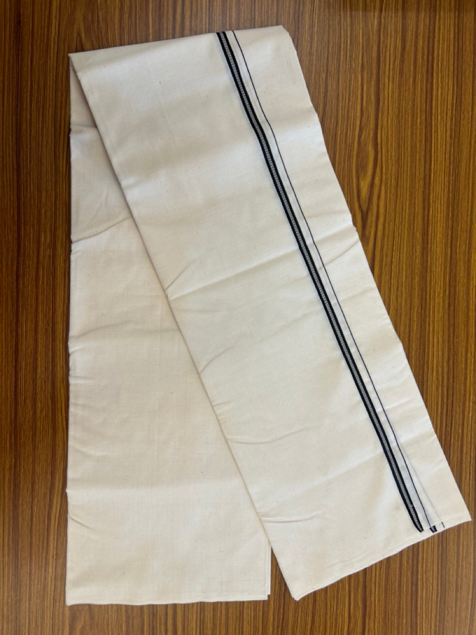 25% Discount!! Signature Kaitharikada Exclusive Single Dhoti - 100% Cotton Balaramapuram Handloom Single Mundu/Dhoti - Off White (Unbleached)- 1 cm Black Striped Kara (2 meter / 4 muzham) - 10 KK5304KAI