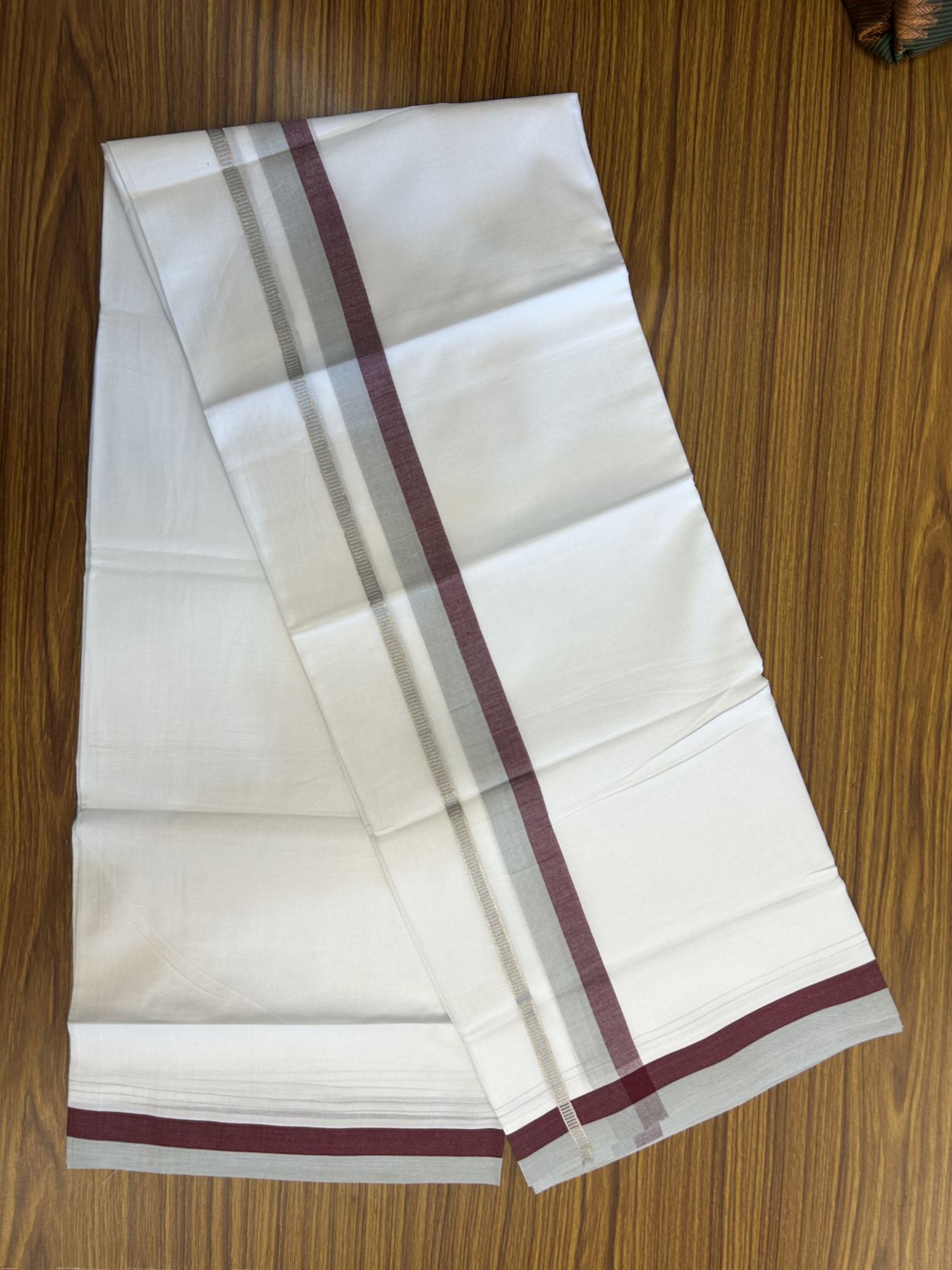 20% Discount! KaithariKada Balaramapuram 100% Cotton Double Pure white Mundu/Dhoti - 100X80 - 1.25 inch Silver Kasav Grey & Maroon shaded kara - 4 mtr ( 8.5 muzham) - 87 KK5341 VIN