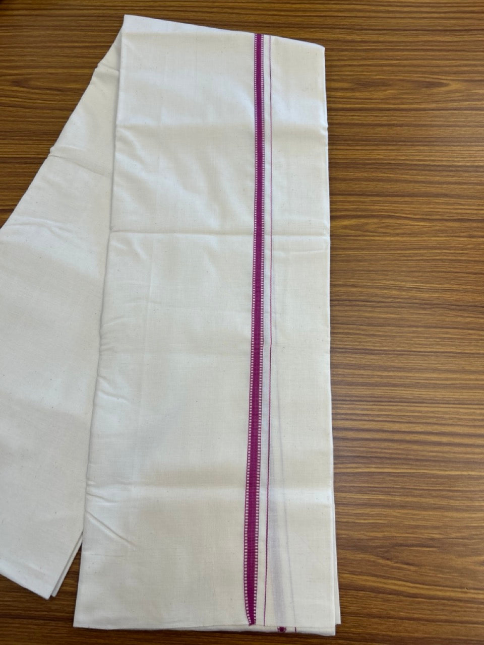 25% Discount!! Signature Kaitharikada Exclusive Single Dhoti - 100% Cotton Balaramapuram Handloom Single Mundu/Dhoti - Off White (Unbleached)- 1 cm Magenta Striped Kara (2 meter / 4 muzham) - 9 KK5304KAI