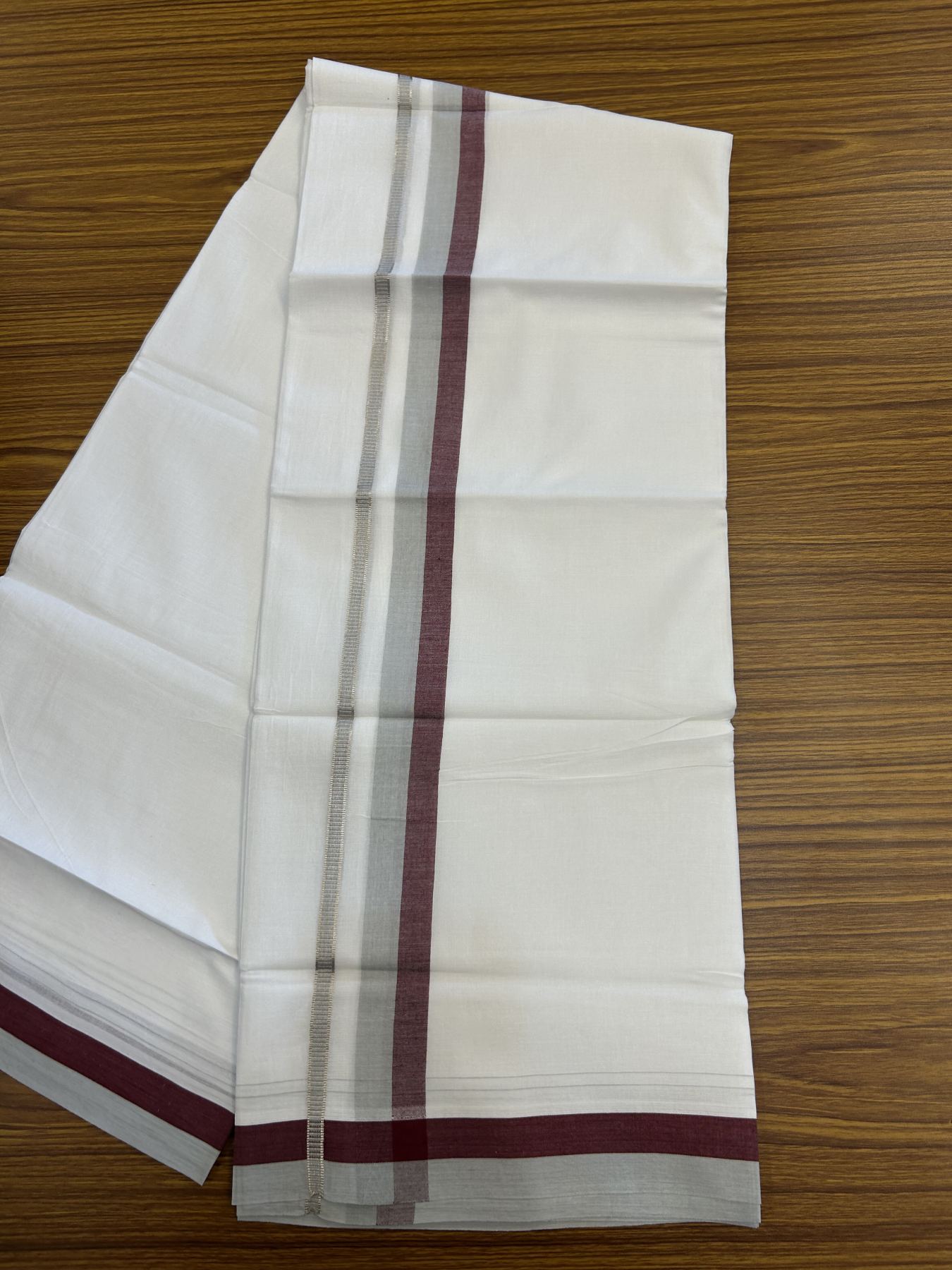20% Discount! KaithariKada Balaramapuram 100% Cotton Double Pure white Mundu/Dhoti - 100X80 - 1.25 inch Silver Kasav Grey & Maroon shaded kara - 4 mtr ( 8.5 muzham) - 87 KK5341 VIN