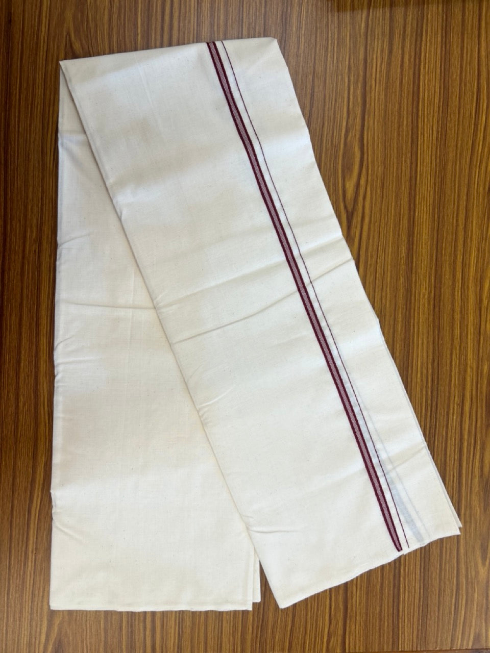 25% Discount!! Signature Kaitharikada Exclusive Single Dhoti - 100% Cotton Balaramapuram Handloom Single Mundu/Dhoti - Off White (Unbleached)- 1 cm Maroon Striped Kara (2 meter / 4 muzham) - 6 KK5304KAI