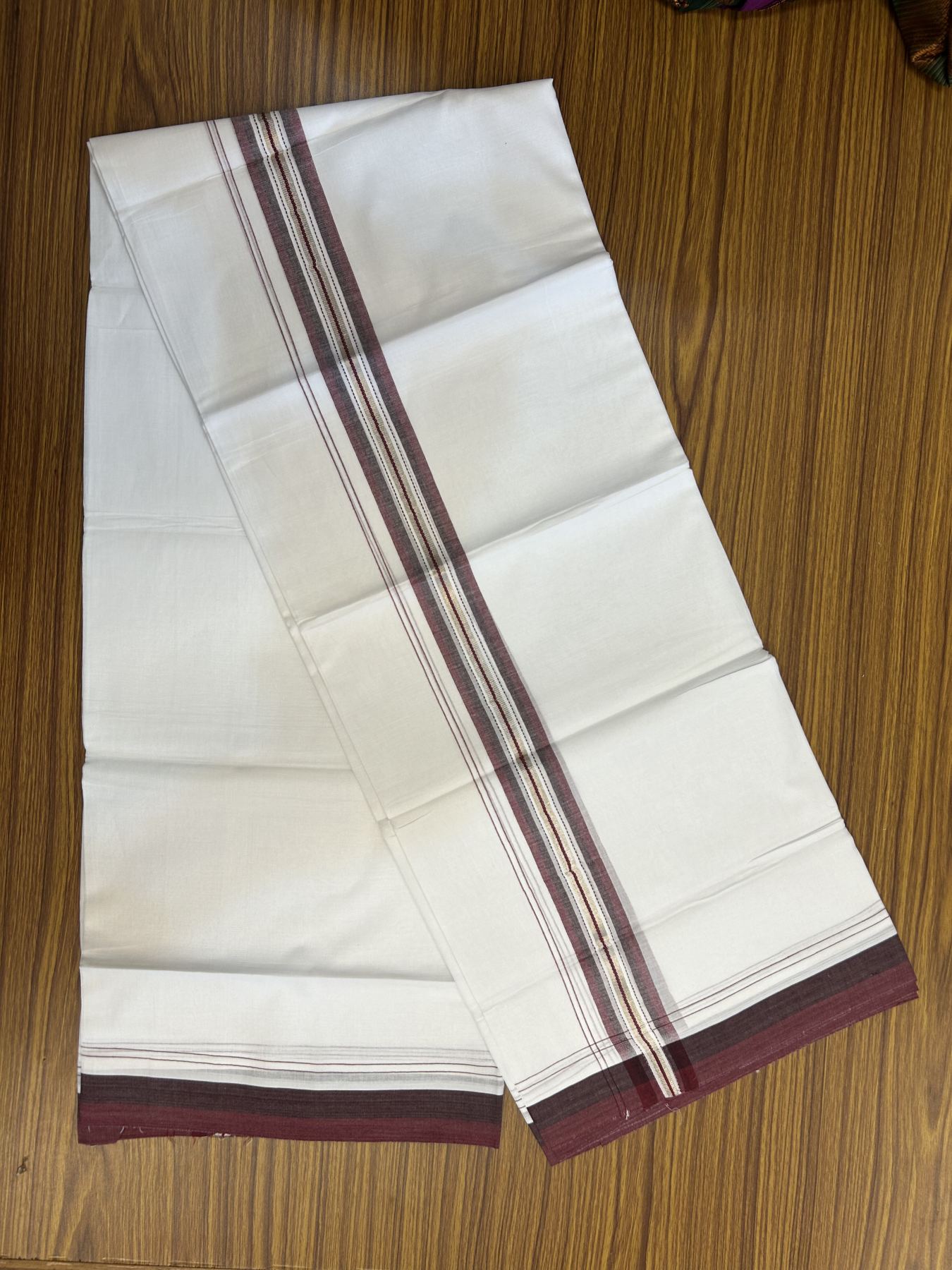 20% Discount! KaithariKada Balaramapuram 100% Cotton Double Pure white Mundu/Dhoti - 100X80 - 1.5 inch Silver Kasav Black & Maroon shaded Stripes kara - 4 mtr ( 8.5 muzham) - 124 KK5341 VIN