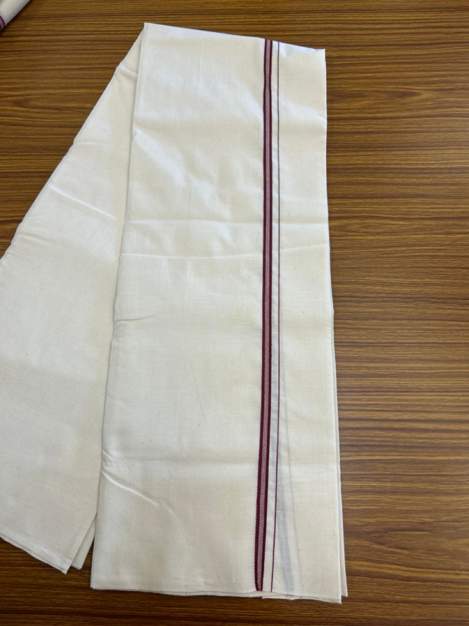 25% Discount!! Signature Kaitharikada Exclusive Single Dhoti - 100% Cotton Balaramapuram Handloom Single Mundu/Dhoti - Off White (Unbleached)- 1 cm Maroon Striped Kara (2 meter / 4 muzham) - 6 KK5304KAI