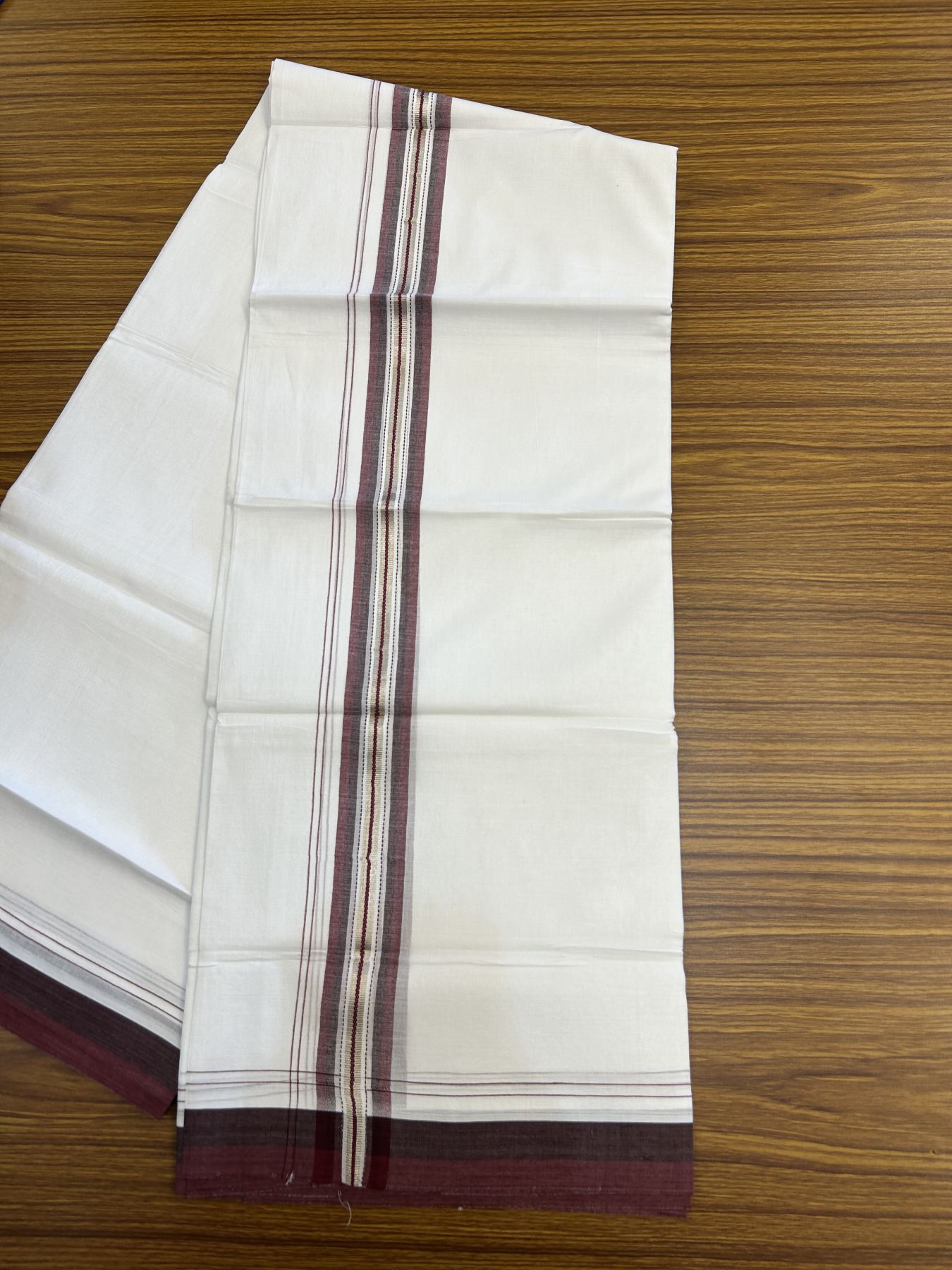20% Discount! KaithariKada Balaramapuram 100% Cotton Double Pure white Mundu/Dhoti - 100X80 - 1.5 inch Silver Kasav Black & Maroon shaded Stripes kara - 4 mtr ( 8.5 muzham) - 124 KK5341 VIN
