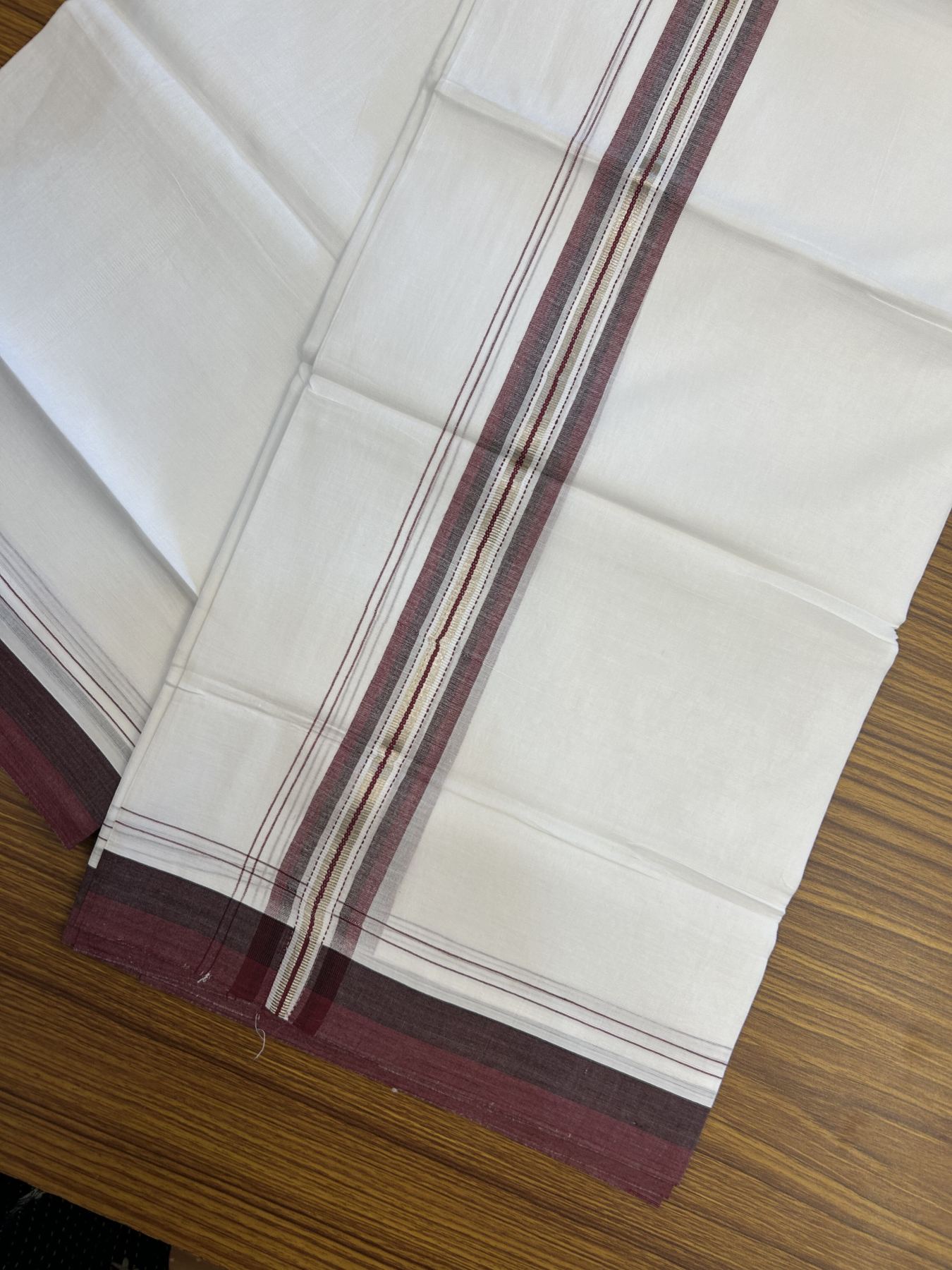20% Discount! KaithariKada Balaramapuram 100% Cotton Double Pure white Mundu/Dhoti - 100X80 - 1.5 inch Silver Kasav Black & Maroon shaded Stripes kara - 4 mtr ( 8.5 muzham) - 124 KK5341 VIN