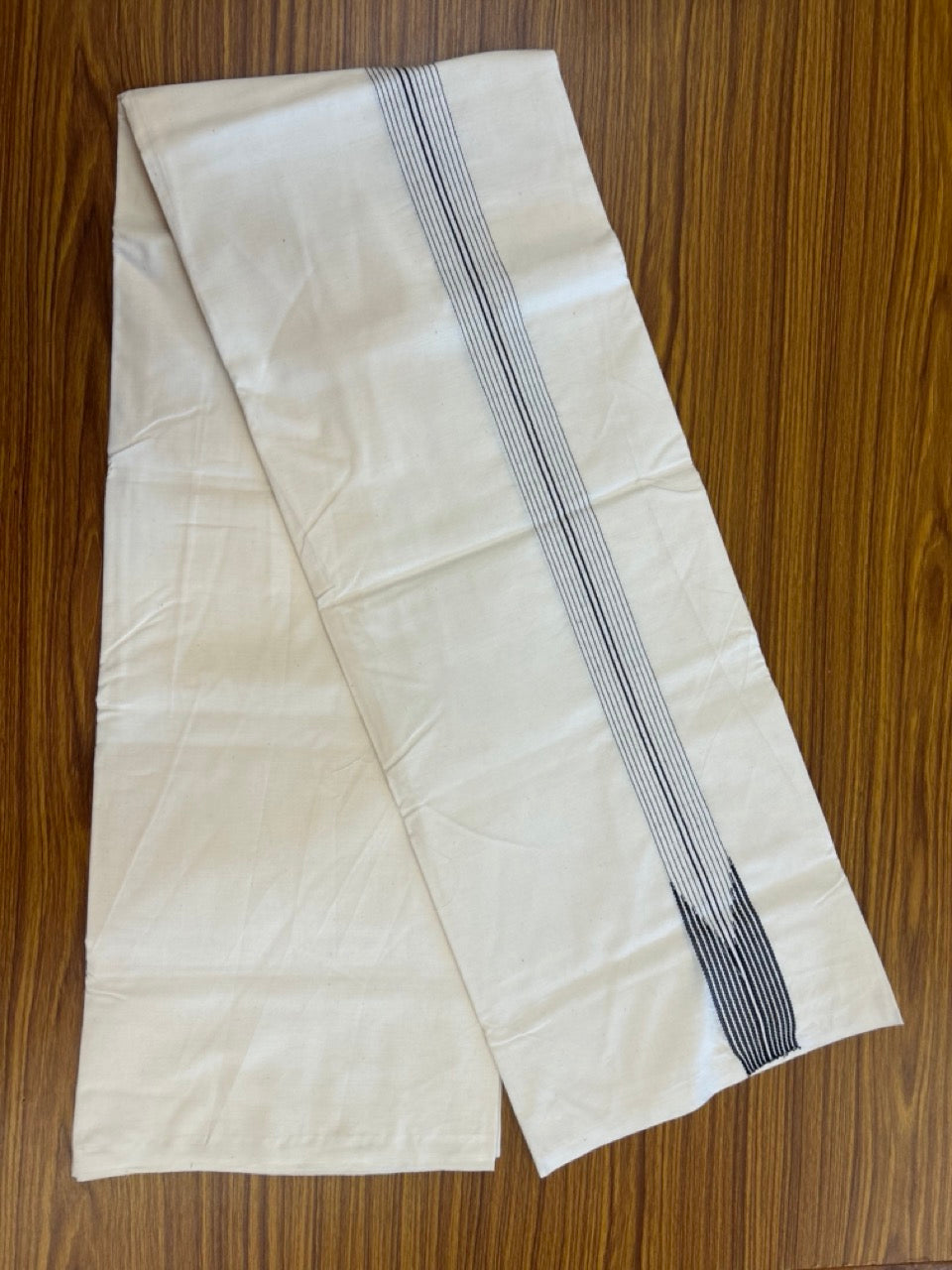 20% Discount ! KaithariKada Balaramapuram 100%  Cotton Single Off White - (Unbleached) Mundu/Dhoti-100X100- 1.5 Inch 12 Line Puliyilakkara Black Chutty Kara (2 meter / 4 muzham)- 9 KK5303 ASH