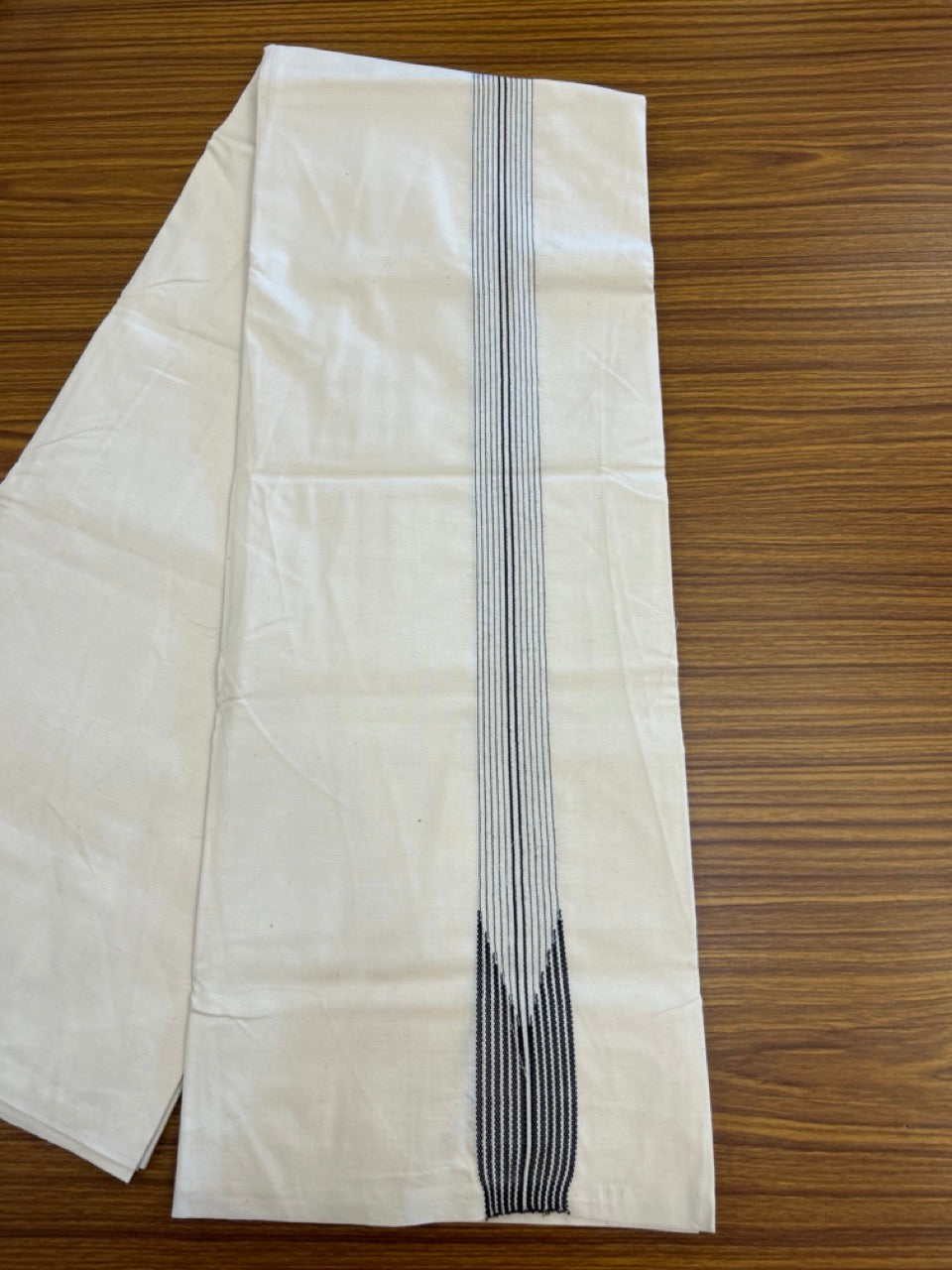 20% Discount ! KaithariKada Balaramapuram 100%  Cotton Single Off White - (Unbleached) Mundu/Dhoti-100X100- 1.5 Inch 12 Line Puliyilakkara Black Chutty Kara (2 meter / 4 muzham)- 9 KK5303 ASH