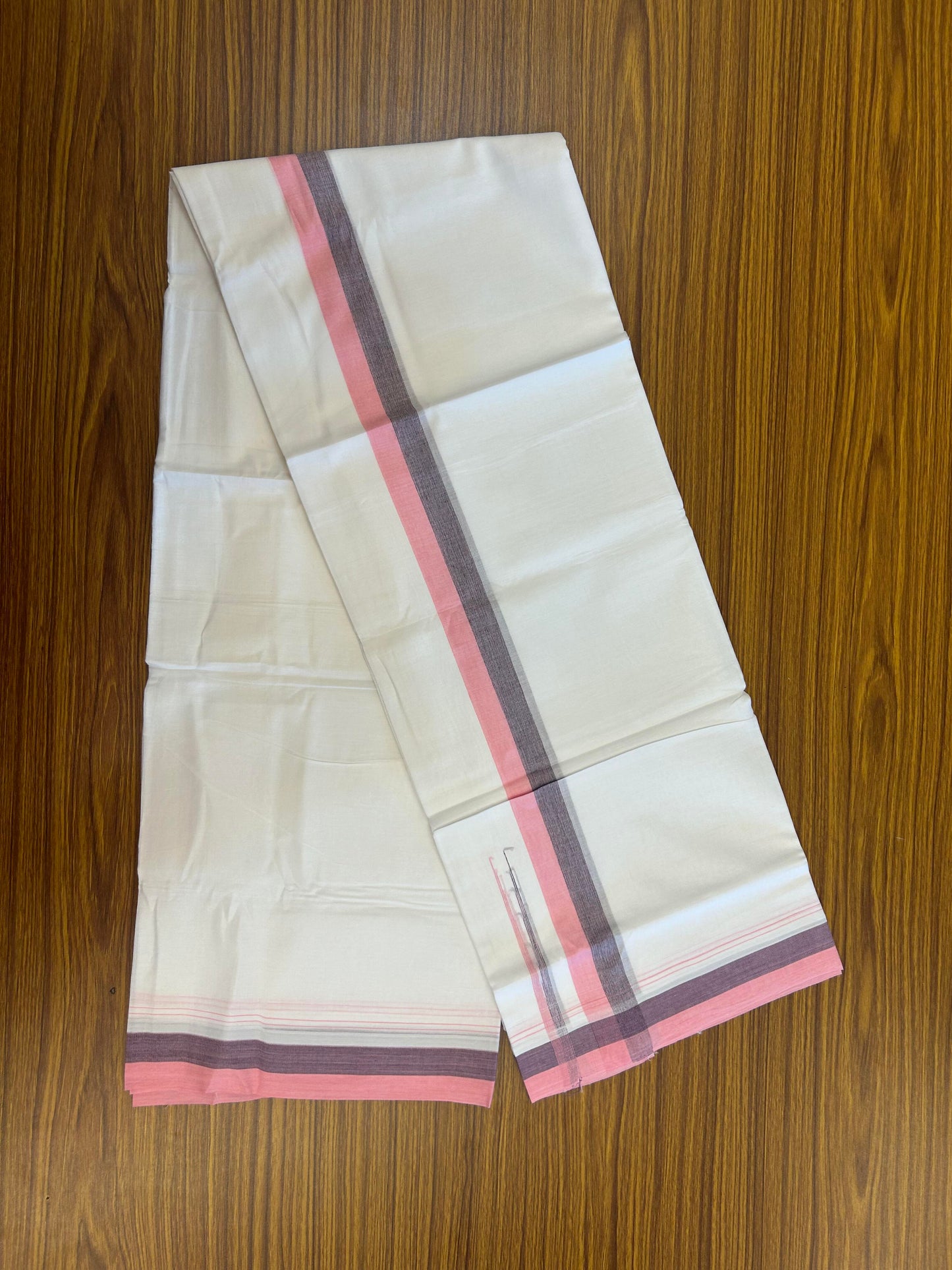 20% Discount ! KaithariKada Balaramapuram 100% Cotton Pure white Double Mundu/Dhoti - 100x80 - 1.75 inch Pink & Blue chutty 4 M (8.5 muzham) - 56 KK5363 VIN