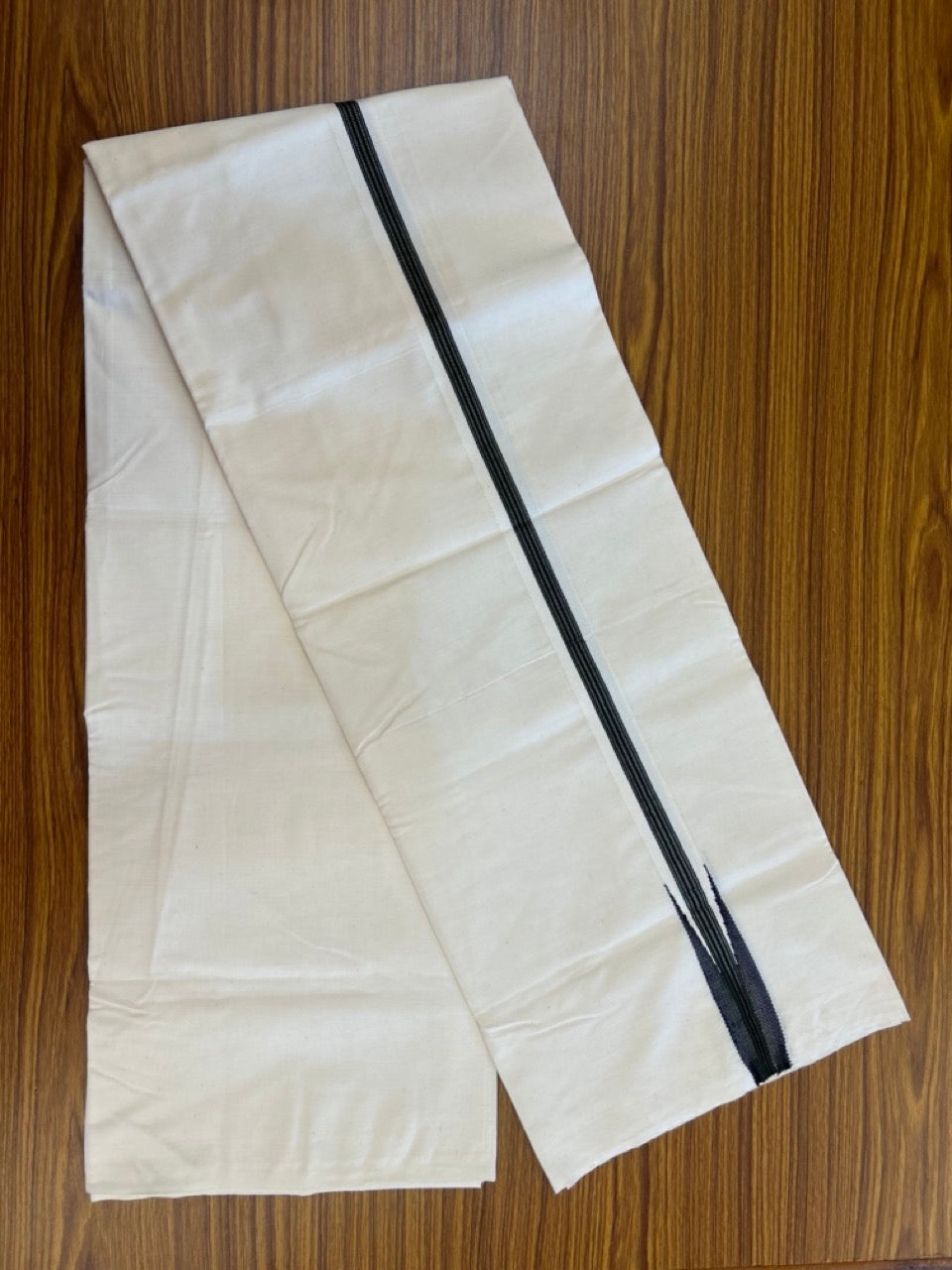 20% Discount ! KaithariKada Balaramapuram 100%  Cotton Single Off White - (Unbleached) Mundu/Dhoti-100X100- 1 Inch  Puliyilakkara Black & Olive Green Chutty Kara (2 meter / 4 muzham)- 11 KK5303 ASH