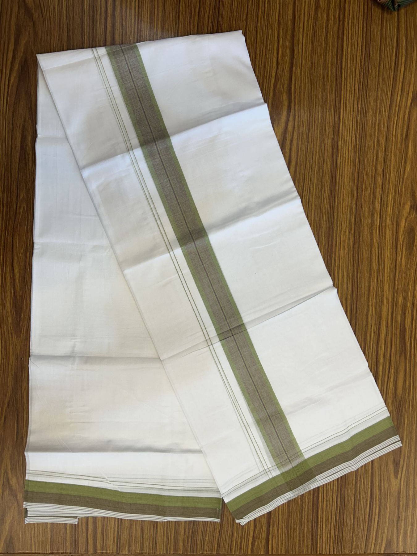 20% Discount! KaithariKada Balaramapuram 100% Cotton Double Pure white Mundu/Dhoti - 100X80 - 1.5 inch Light Green & Purple shaded Stripes kara - 4 mtr ( 8.5 muzham) - 116 KK5341 VIN