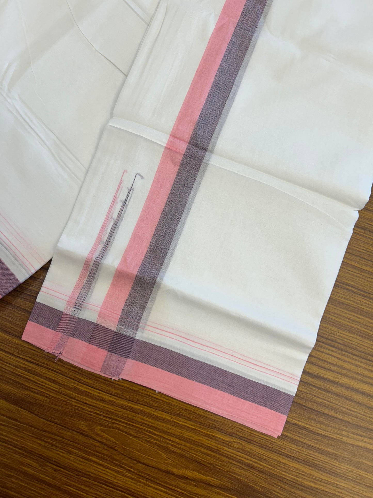 20% Discount ! KaithariKada Balaramapuram 100% Cotton Pure white Double Mundu/Dhoti - 100x80 - 1.75 inch Pink & Blue chutty 4 M (8.5 muzham) - 56 KK5363 VIN
