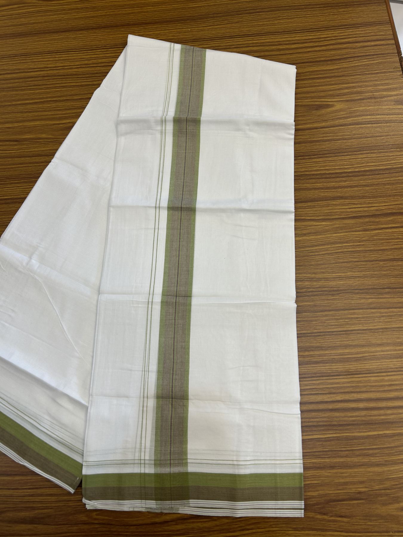 20% Discount! KaithariKada Balaramapuram 100% Cotton Double Pure white Mundu/Dhoti - 100X80 - 1.5 inch Light Green & Purple shaded Stripes kara - 4 mtr ( 8.5 muzham) - 116 KK5341 VIN
