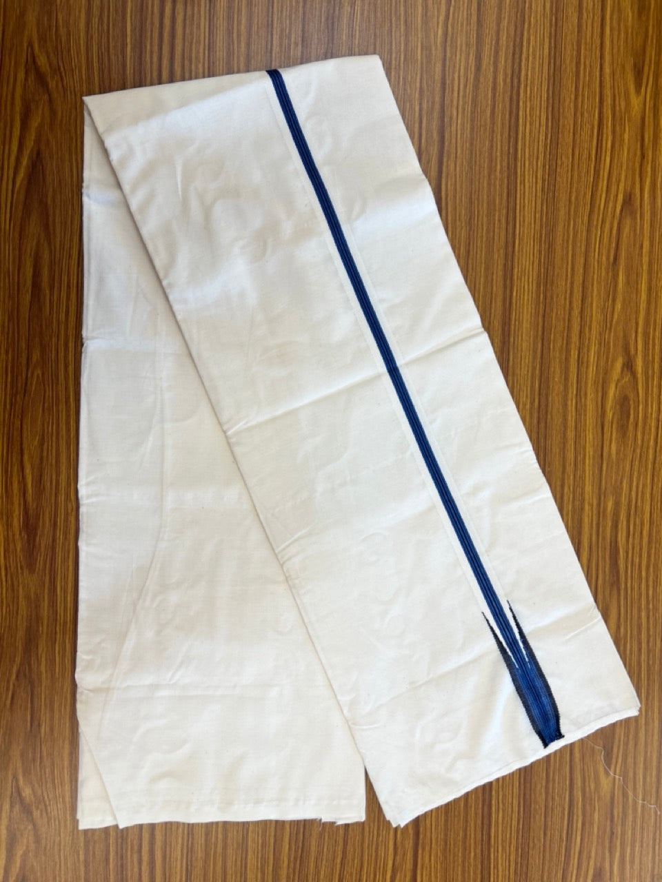 20% Discount ! KaithariKada Balaramapuram 100%  Cotton Single Off White - (Unbleached) Mundu/Dhoti-100X100- 1 Inch  Puliyilakkara Black & Blue Chutty Kara (2 meter / 4 muzham)- 10 KK5303 ASH