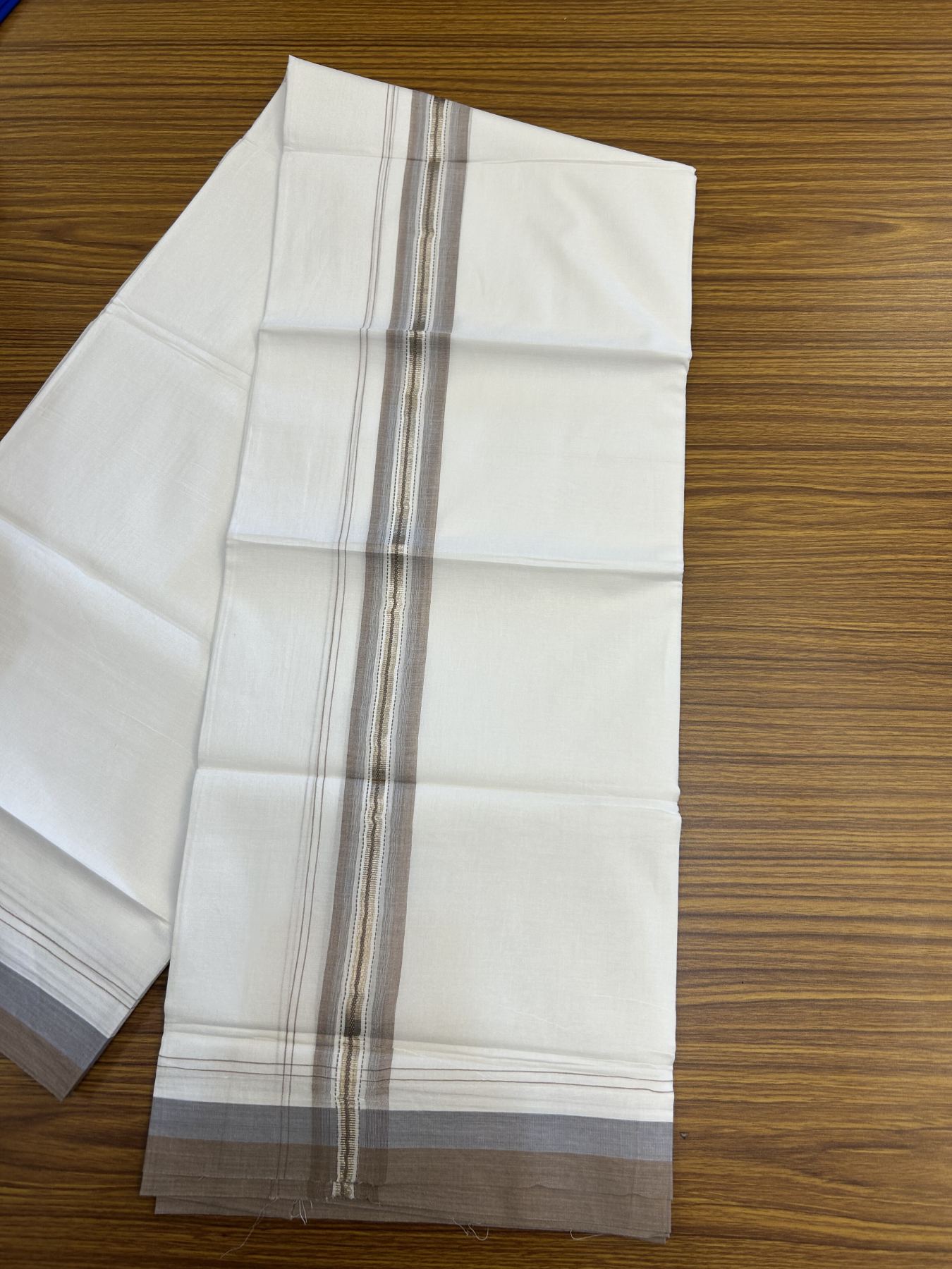 20% Discount! KaithariKada Balaramapuram 100% Cotton Double Pure white Mundu/Dhoti - 100X80 - 1.5 inch Silver Light Brown & Light Ash Blue shaded Stripes kara - 4 mtr ( 8.5 muzham) - 132 KK5341 VIN