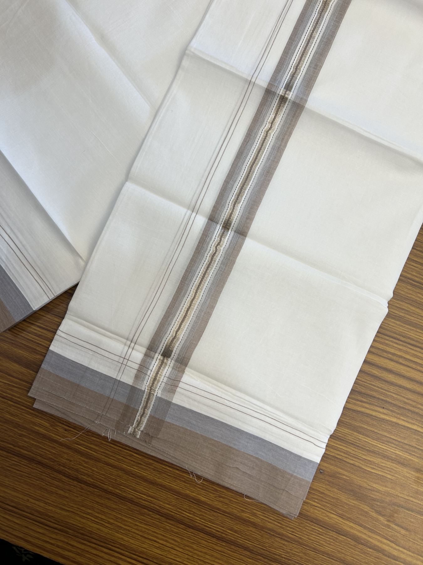 20% Discount! KaithariKada Balaramapuram 100% Cotton Double Pure white Mundu/Dhoti - 100X80 - 1.5 inch Silver Light Brown & Light Ash Blue shaded Stripes kara - 4 mtr ( 8.5 muzham) - 132 KK5341 VIN