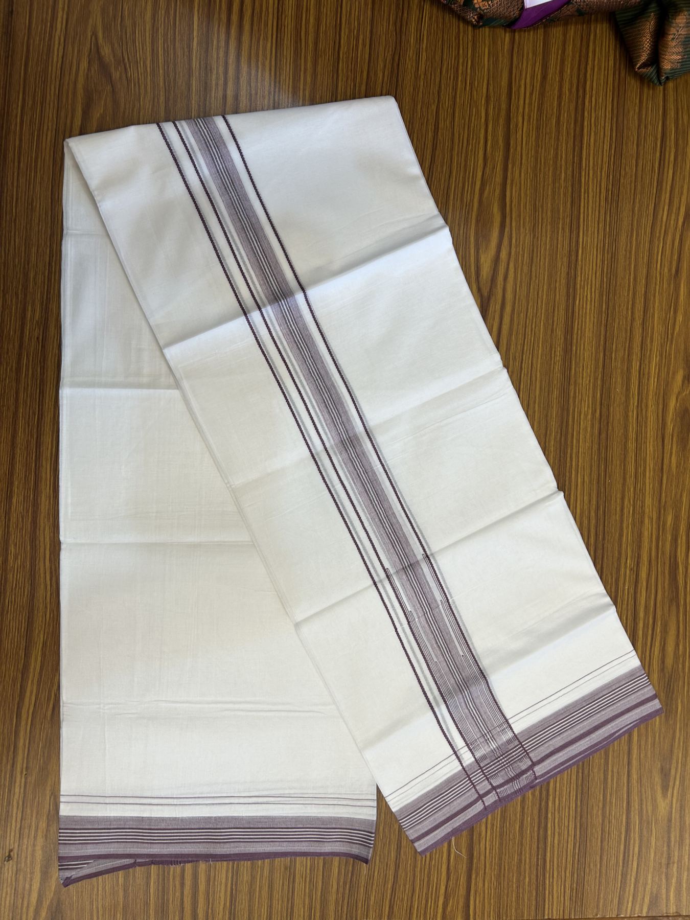 20% Discount! KaithariKada Balaramapuram 100% Cotton Double Pure white Mundu/Dhoti - 100X80 - 1.25 inch Wine Purple Stripes Chutty kara - 4 mtr ( 8.5 muzham) - 105 KK5341 VIN