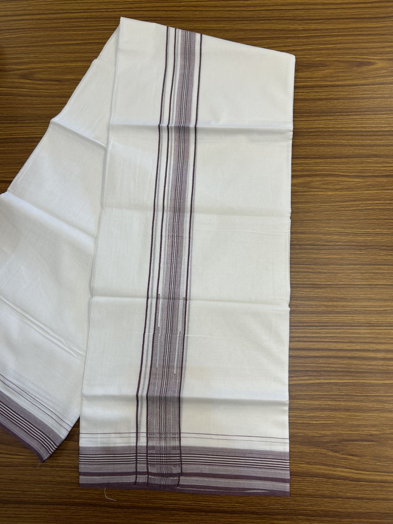 20% Discount! KaithariKada Balaramapuram 100% Cotton Double Pure white Mundu/Dhoti - 100X80 - 1.25 inch Wine Purple Stripes Chutty kara - 4 mtr ( 8.5 muzham) - 105 KK5341 VIN