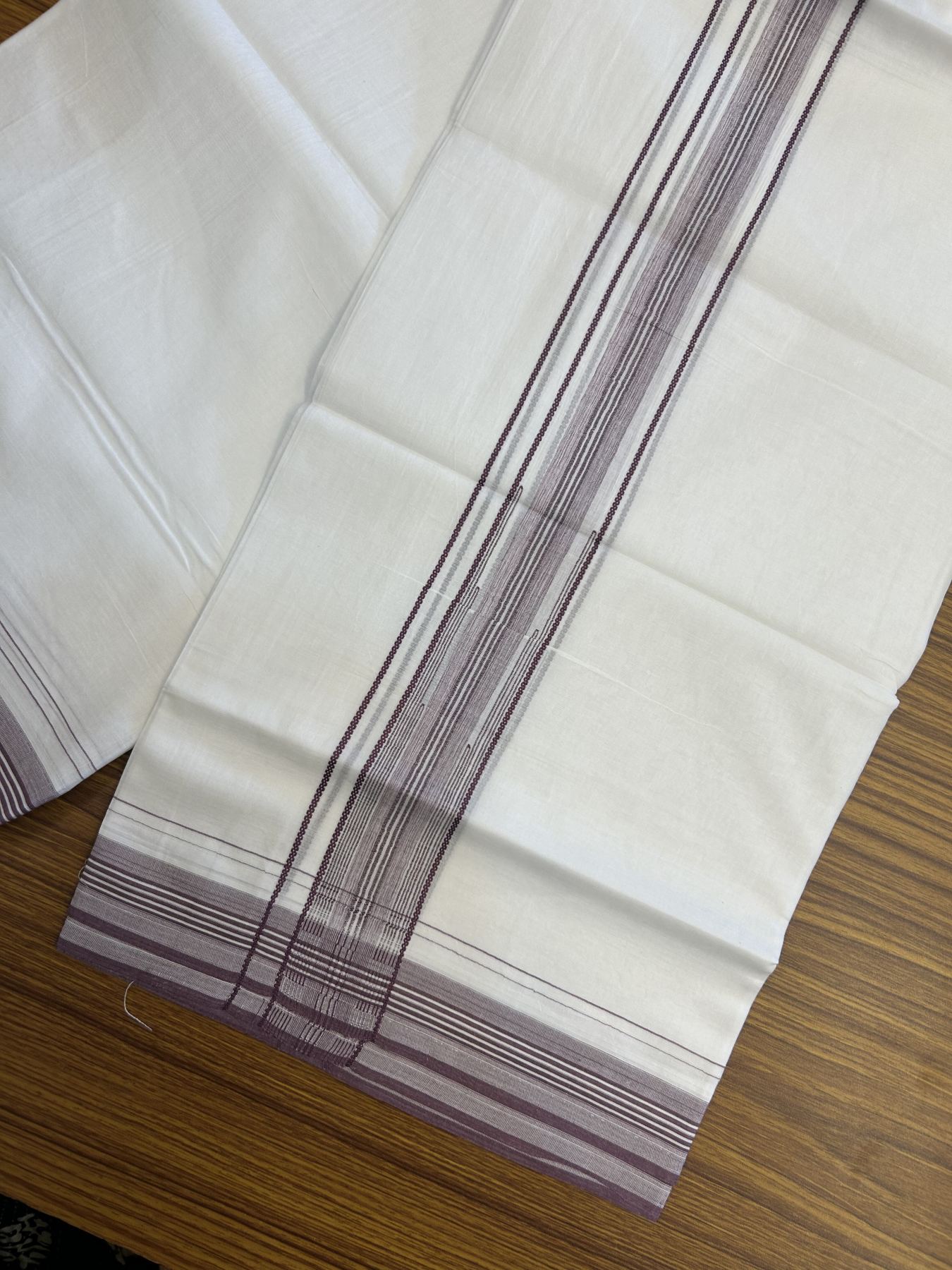 20% Discount! KaithariKada Balaramapuram 100% Cotton Double Pure white Mundu/Dhoti - 100X80 - 1.25 inch Wine Purple Stripes Chutty kara - 4 mtr ( 8.5 muzham) - 105 KK5341 VIN