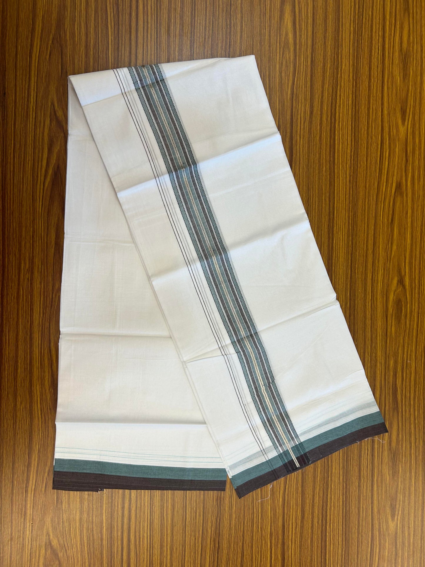 20% Discount!! Kaitharikada Balaramapuram 100% Pure Cotton Pure White Double Mundu/Dothi - 100x80 - 1.5 inch Silver Kasav Dark Brown & Turquoise Green Striped Kara 4 M (8.5 muzham) - 46 KK5363 VIN