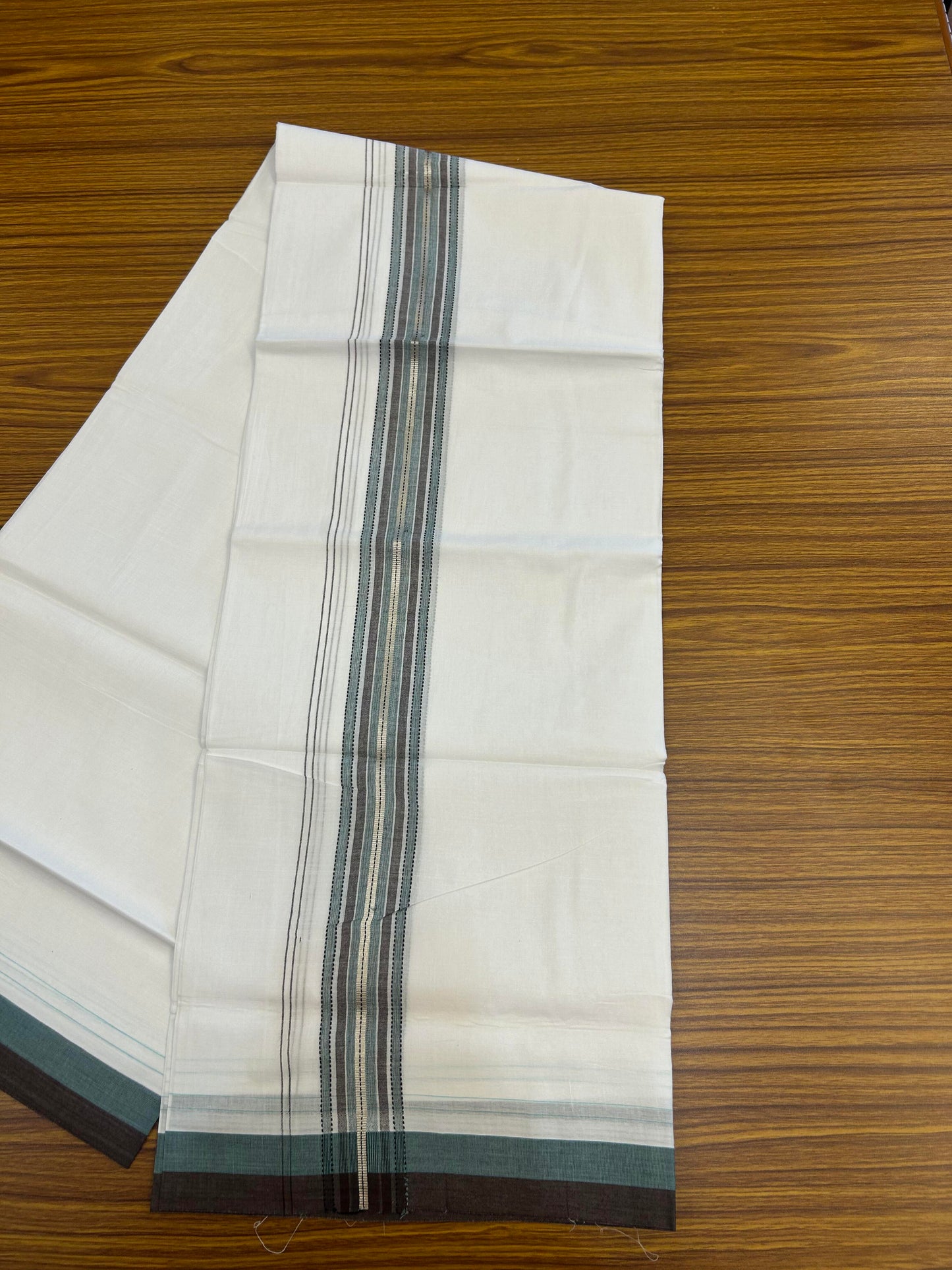 20% Discount!! Kaitharikada Balaramapuram 100% Pure Cotton Pure White Double Mundu/Dothi - 100x80 - 1.5 inch Silver Kasav Dark Brown & Turquoise Green Striped Kara 4 M (8.5 muzham) - 46 KK5363 VIN