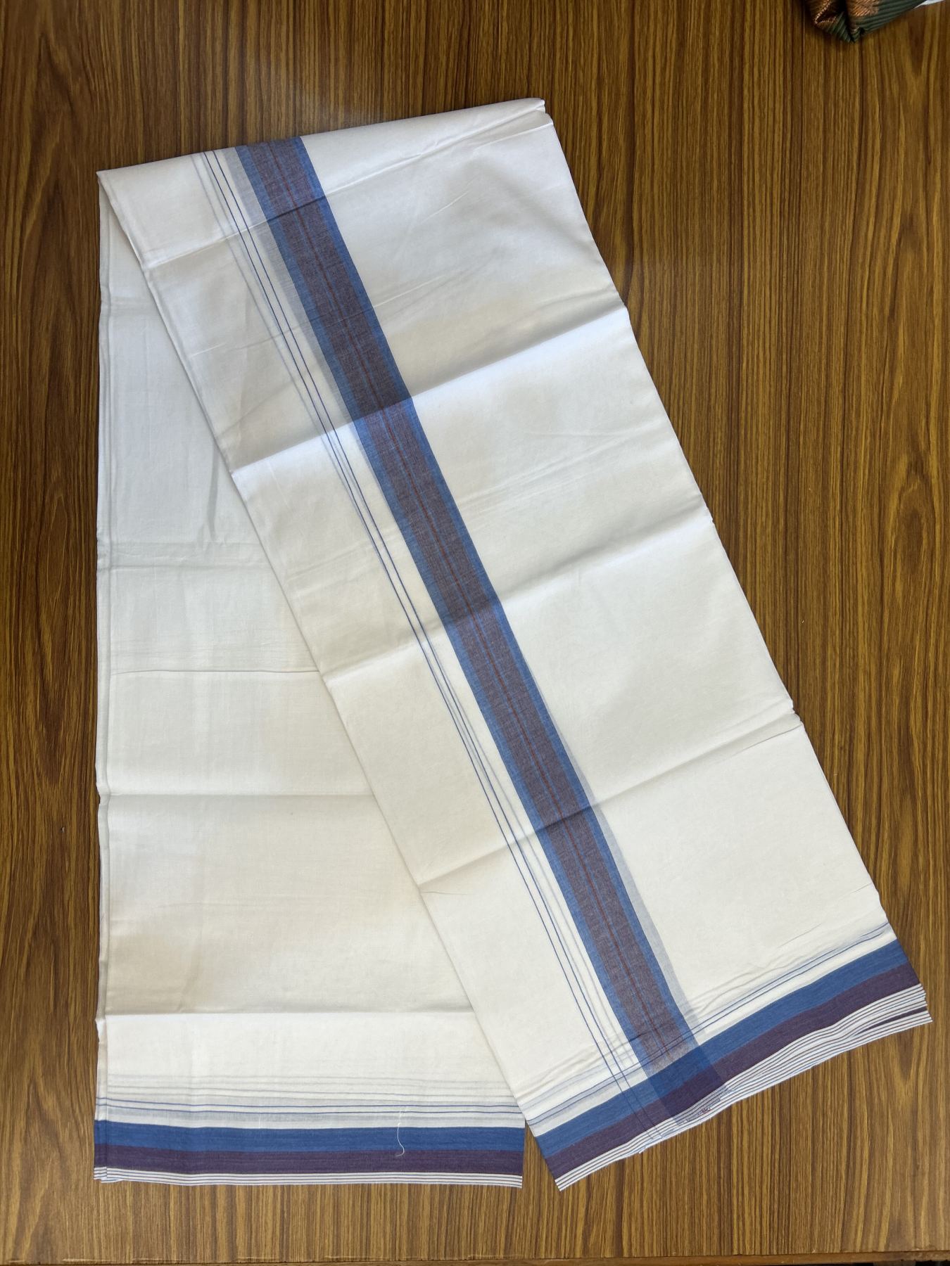 20% Discount! KaithariKada Balaramapuram 100% Cotton Double Pure white Mundu/Dhoti - 100X80 - 1.5 inch Blue & Maroon shaded Stripes kara - 4 mtr ( 8.5 muzham) - 123 KK5341 VIN