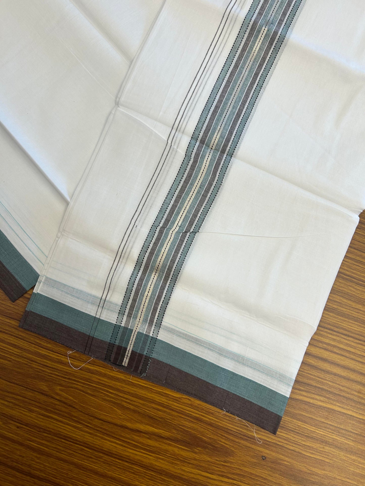 20% Discount!! Kaitharikada Balaramapuram 100% Pure Cotton Pure White Double Mundu/Dothi - 100x80 - 1.5 inch Silver Kasav Dark Brown & Turquoise Green Striped Kara 4 M (8.5 muzham) - 46 KK5363 VIN