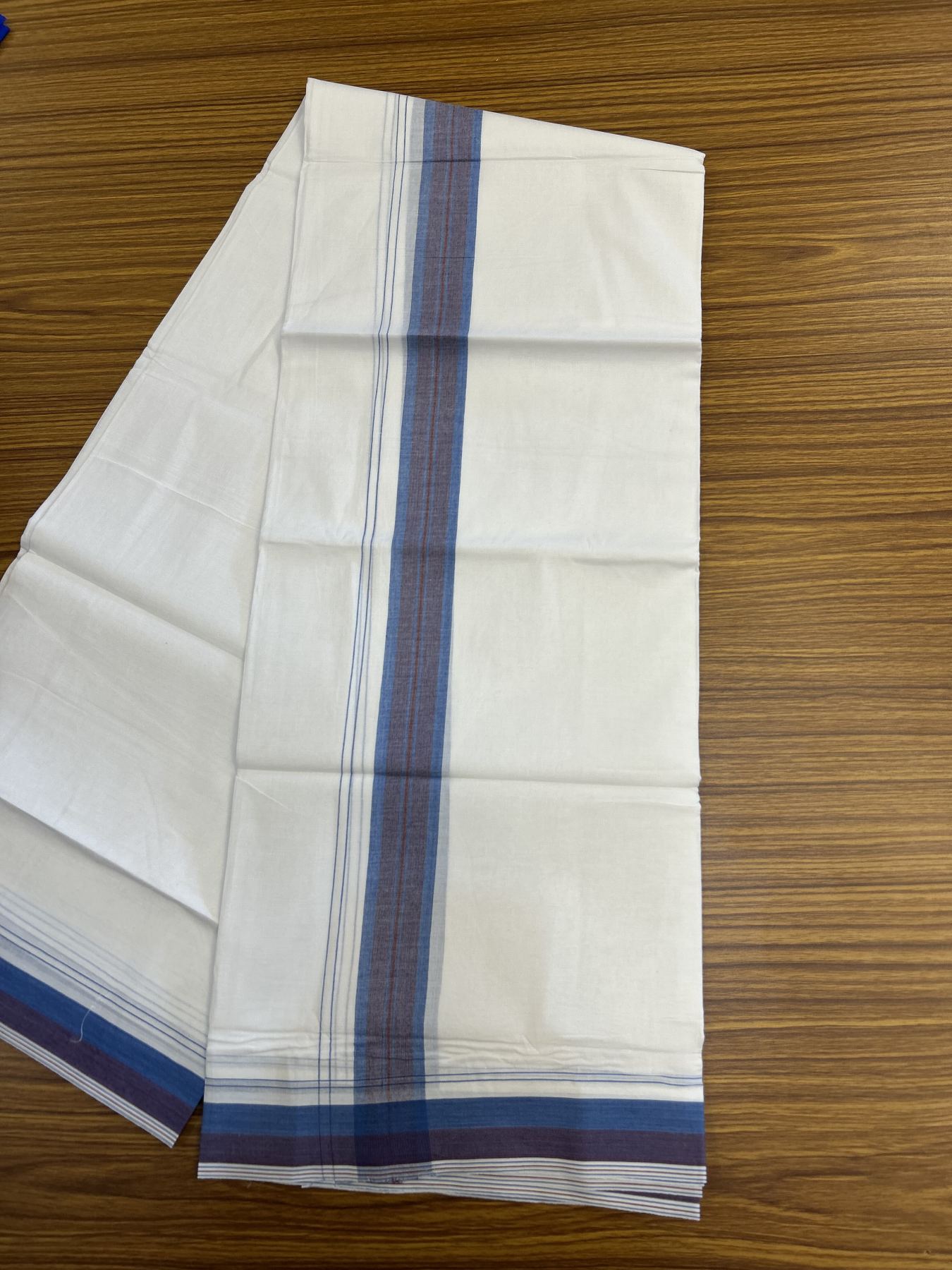 20% Discount! KaithariKada Balaramapuram 100% Cotton Double Pure white Mundu/Dhoti - 100X80 - 1.5 inch Blue & Maroon shaded Stripes kara - 4 mtr ( 8.5 muzham) - 123 KK5341 VIN