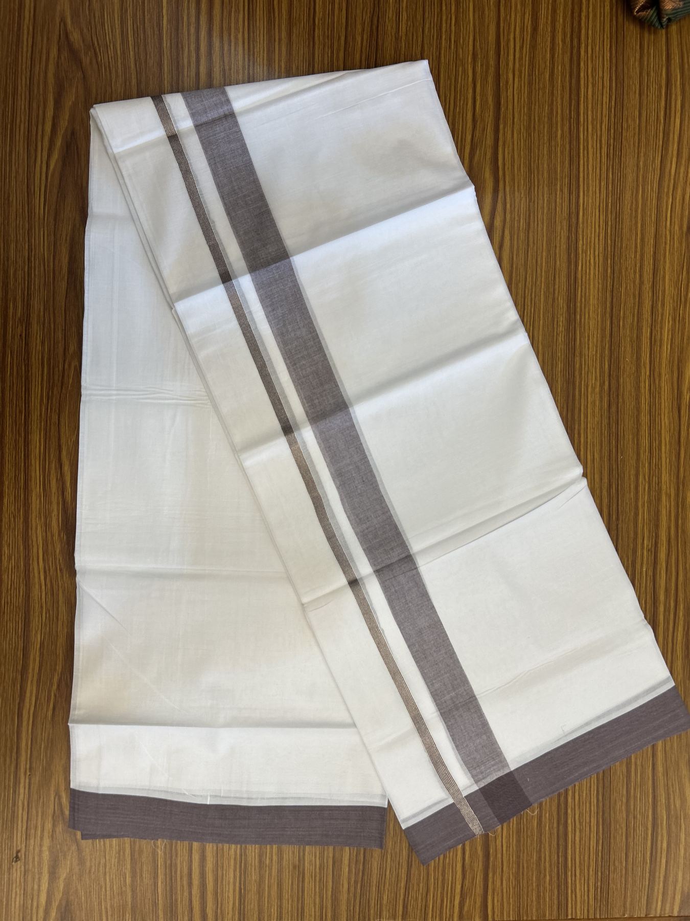 20% Discount! KaithariKada Balaramapuram 100% Cotton Double Pure white Mundu/Dhoti - 100X80 - 1.25 inch Silver Kasav Pastel Brown shaded kara - 4 mtr ( 8.5 muzham) - 52 KK5341 VIN