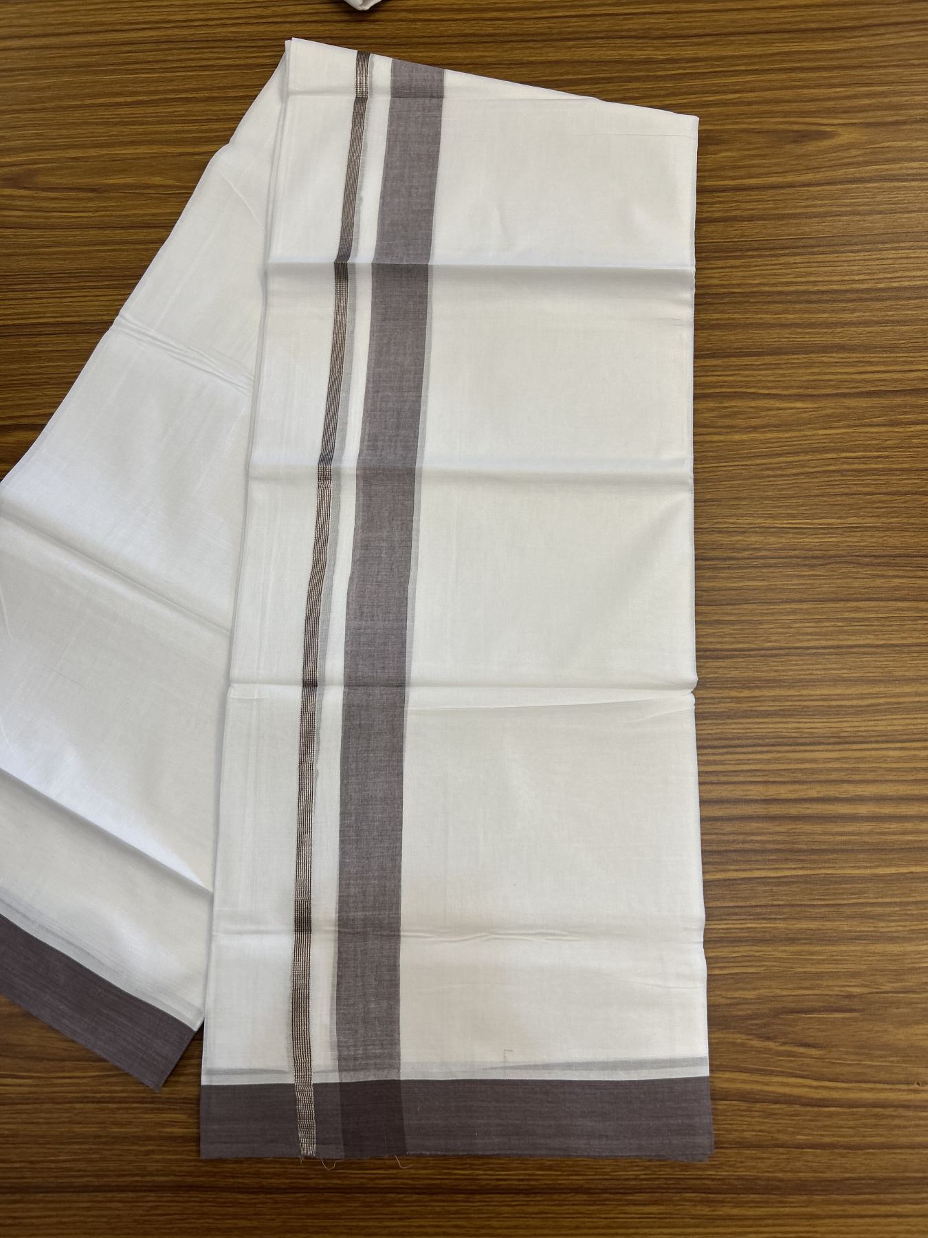 20% Discount! KaithariKada Balaramapuram 100% Cotton Double Pure white Mundu/Dhoti - 100X80 - 1.25 inch Silver Kasav Pastel Brown shaded kara - 4 mtr ( 8.5 muzham) - 52 KK5341 VIN
