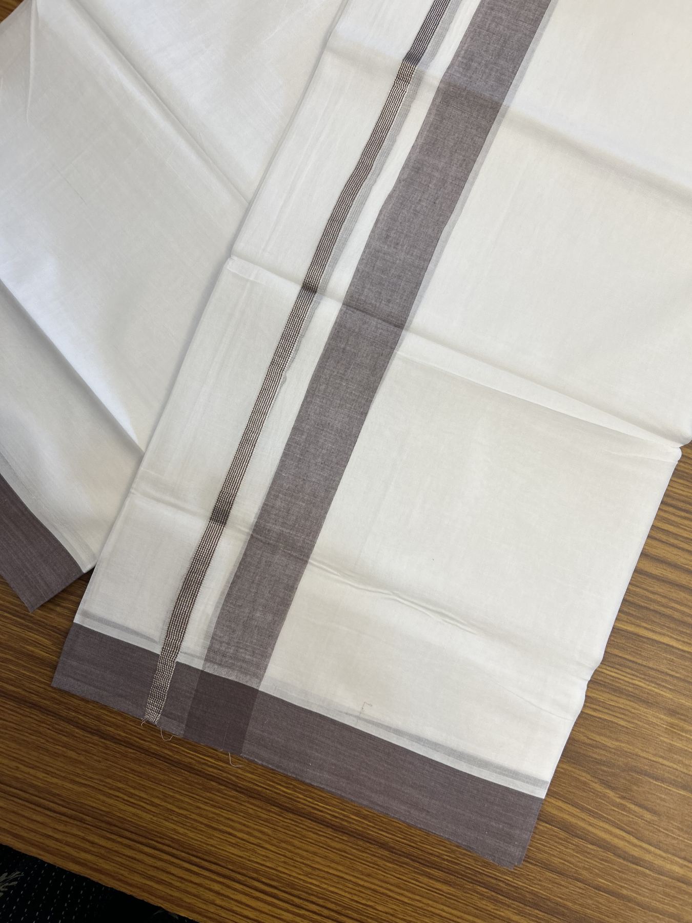 20% Discount! KaithariKada Balaramapuram 100% Cotton Double Pure white Mundu/Dhoti - 100X80 - 1.25 inch Silver Kasav Pastel Brown shaded kara - 4 mtr ( 8.5 muzham) - 52 KK5341 VIN
