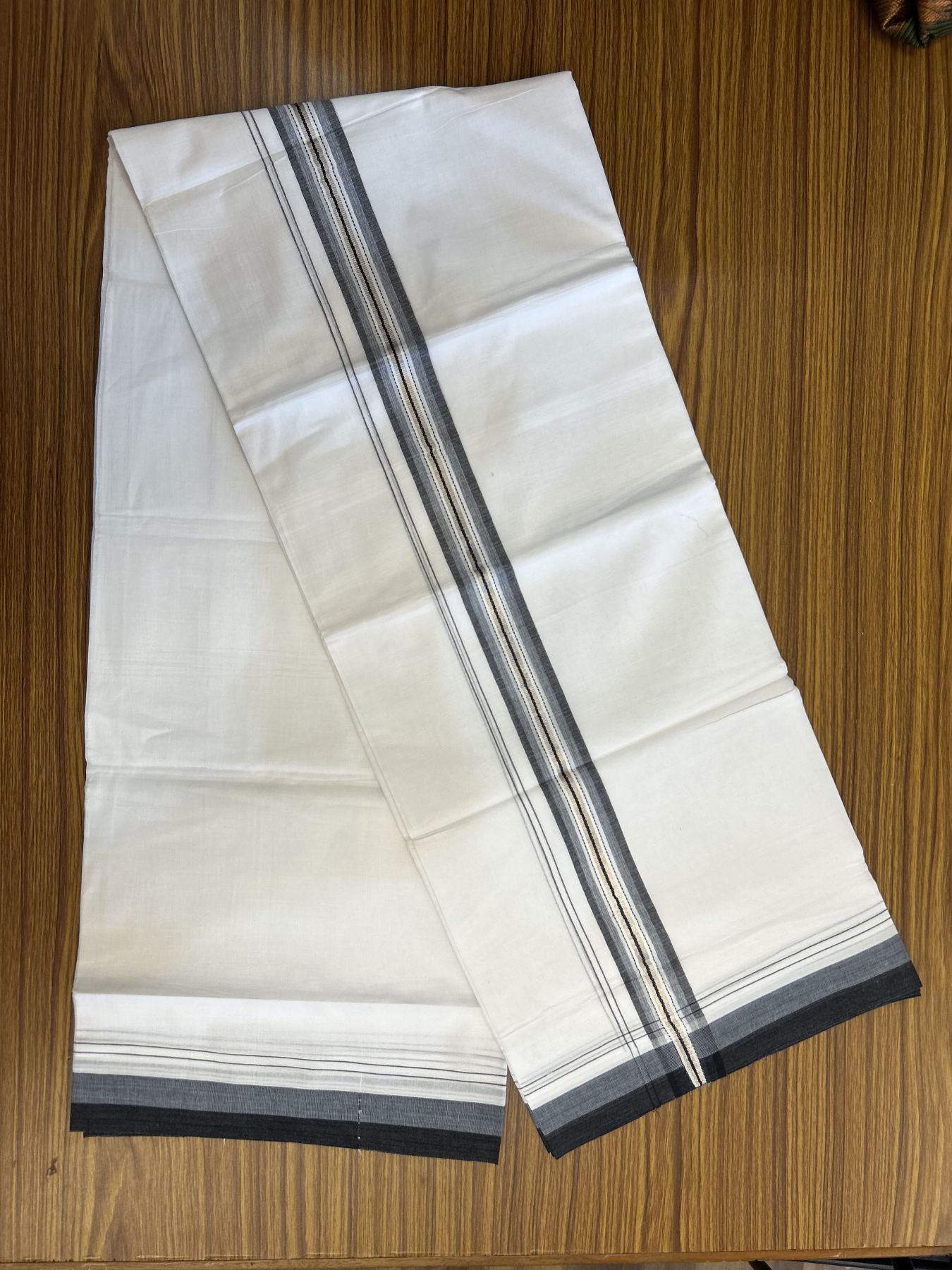 20% Discount! KaithariKada Balaramapuram 100% Cotton Double Pure white Mundu/Dhoti - 100X80 - 1.5 inch Silver Black & Ash Blue shaded Stripes kara - 4 mtr ( 8.5 muzham) - 134 KK5341 VIN