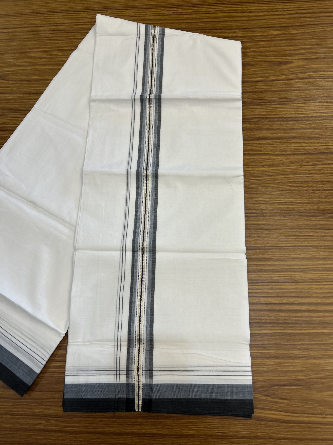 20% Discount! KaithariKada Balaramapuram 100% Cotton Double Pure white Mundu/Dhoti - 100X80 - 1.5 inch Silver Black & Ash Blue shaded Stripes kara - 4 mtr ( 8.5 muzham) - 134 KK5341 VIN