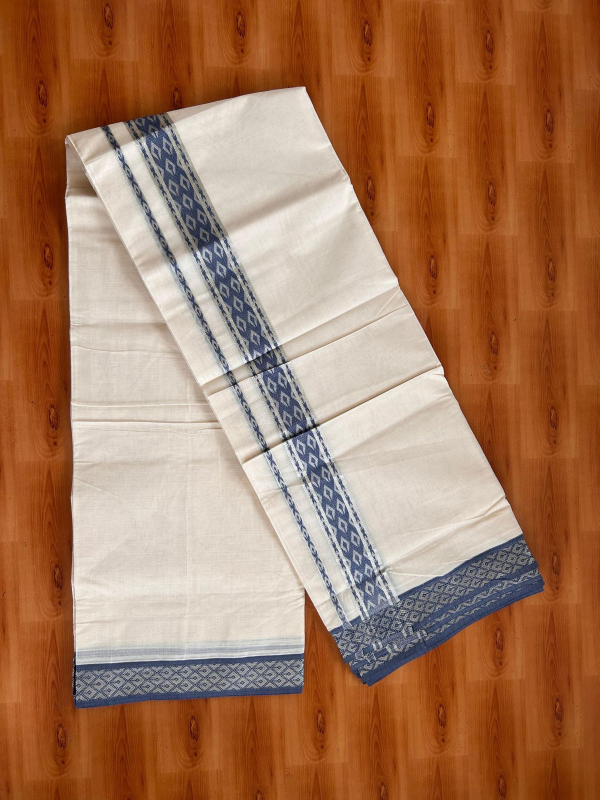 Double Off White (Unbleached) Mund/Dhoti - 20% Discount! KaithariKada 100% Cotton - 100x80- 1.75 inch Dark Azure Blue Silver Kasav Jacquard Design Kara 4 mtr (8.5 Muzham) - 37 KK5520 PMC