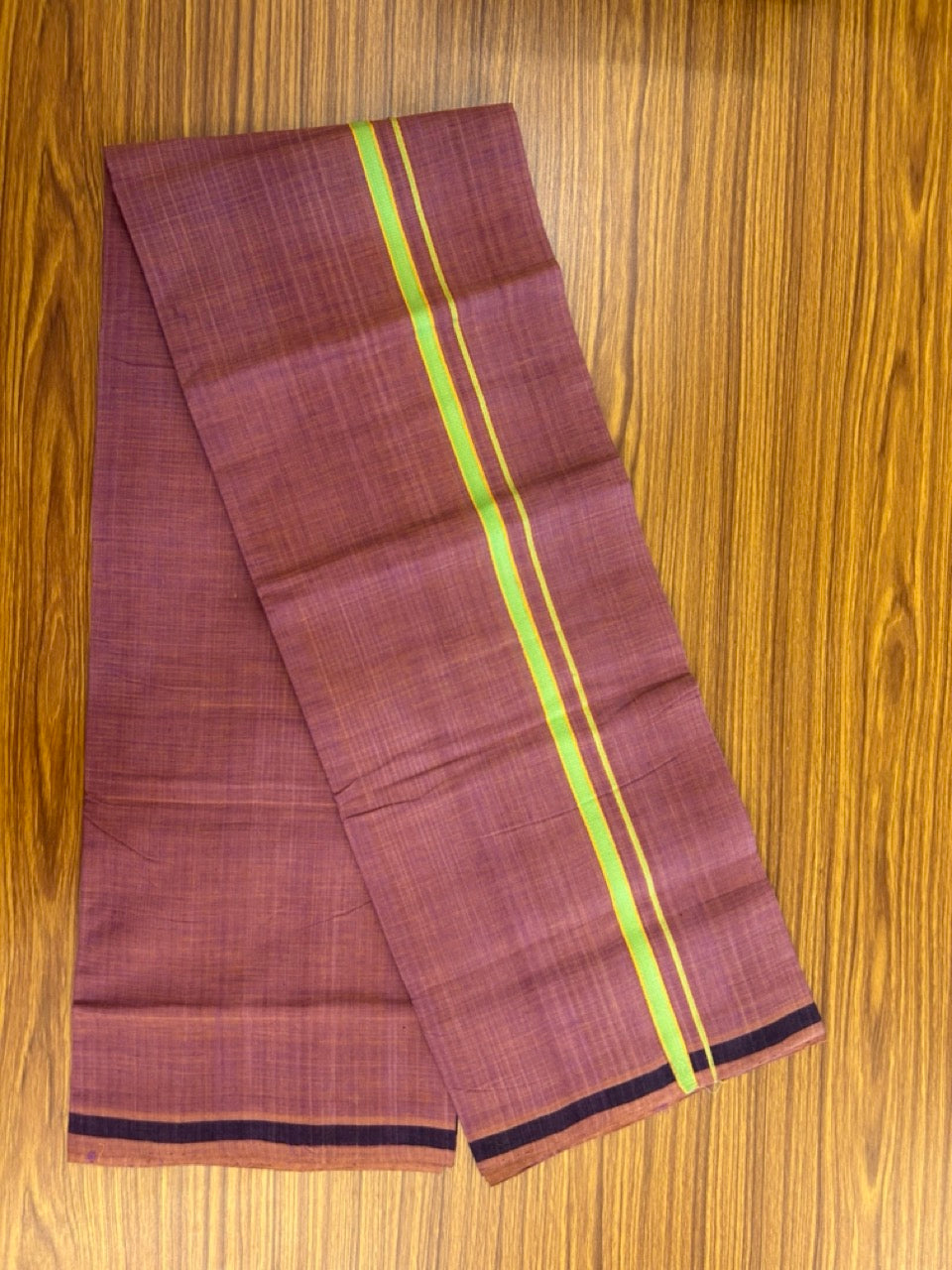 Handloom Single Hallmarked - 10% Discount !! KaithariKada 100% Pure Cotton - Mundu/Dhoti - Onion Pink Body - 0.5 inch Parrot Green & Orange Stripes Kara- (2 meter / 4 muzham) - 52 KK8032 ELA