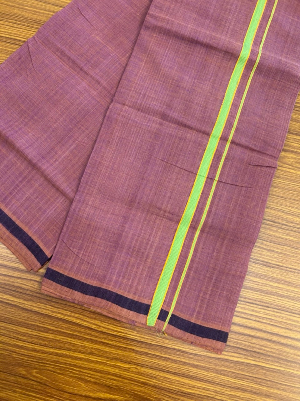 Handloom Single Hallmarked - 10% Discount !! KaithariKada 100% Pure Cotton - Mundu/Dhoti - Onion Pink Body - 0.5 inch Parrot Green & Orange Stripes Kara- (2 meter / 4 muzham) - 52 KK8032 ELA
