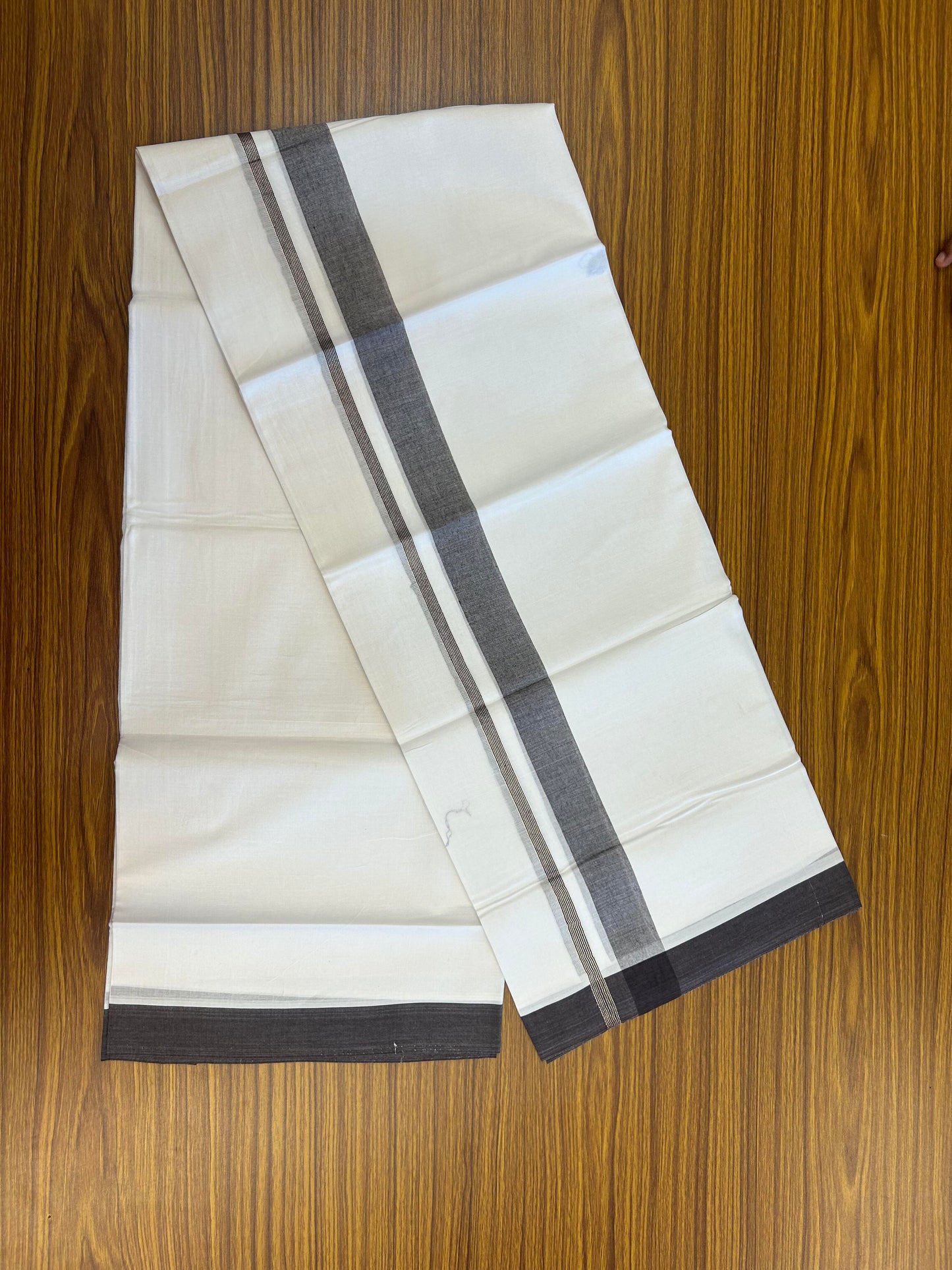 20% Discount ! KaithariKada Balaramapuram 100% Cotton Pure white Double Mundu/Dhoti - 100x80 - 1.5 inch Silver Kasav & Brown Shaded Kara 4 M (8.5 muzham) - 64 KK5363 VIN