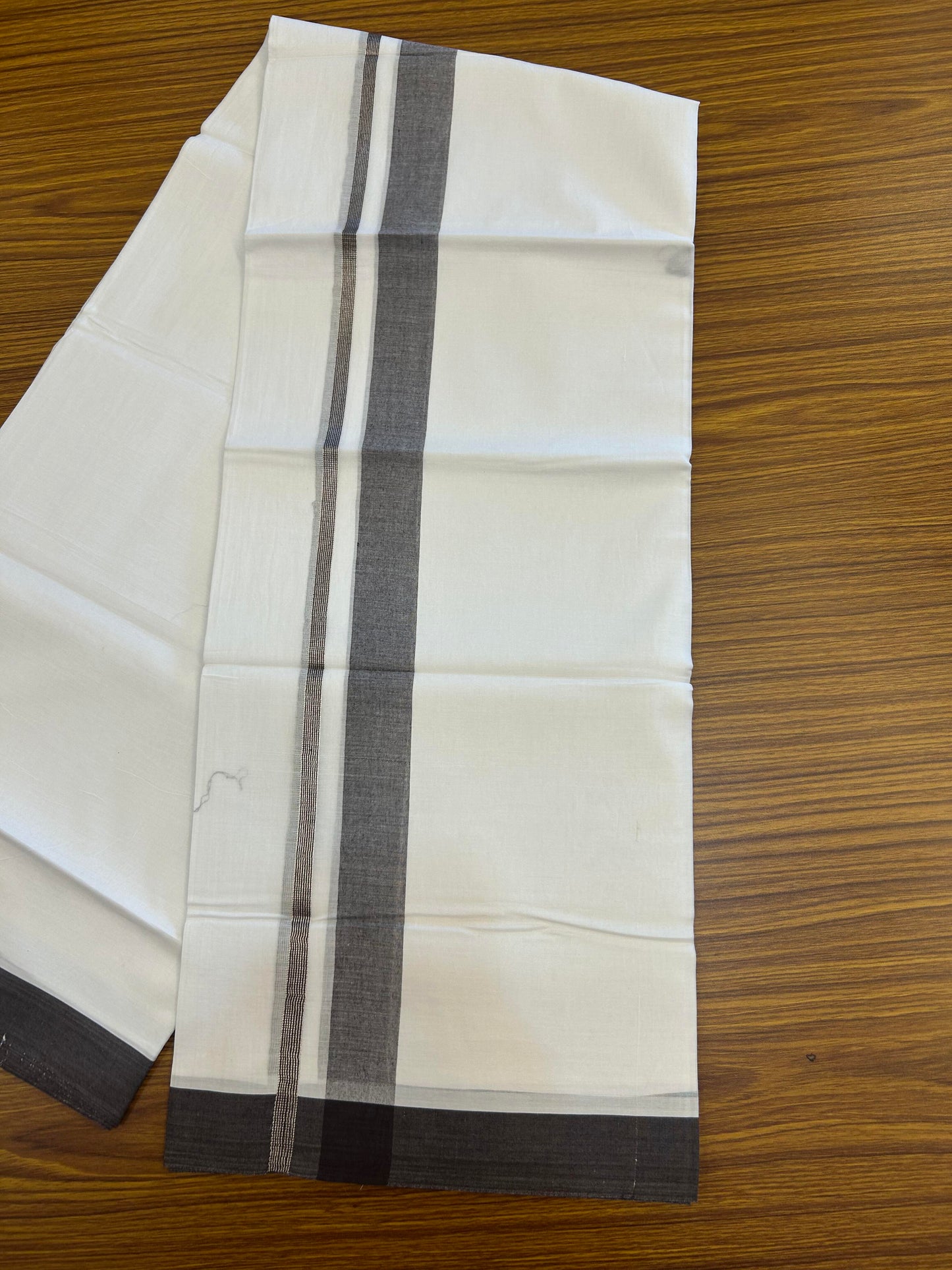 20% Discount ! KaithariKada Balaramapuram 100% Cotton Pure white Double Mundu/Dhoti - 100x80 - 1.5 inch Silver Kasav & Brown Shaded Kara 4 M (8.5 muzham) - 64 KK5363 VIN