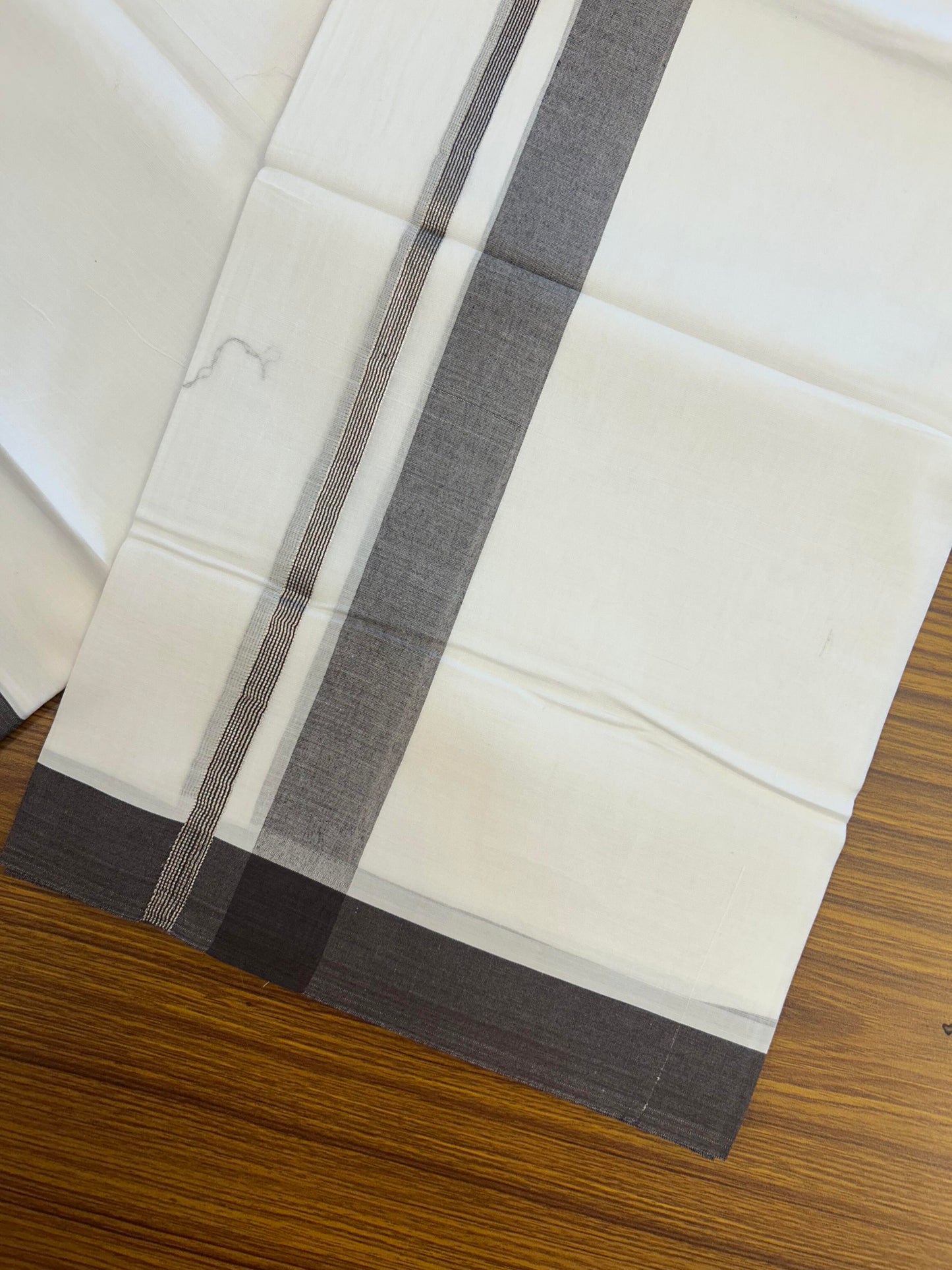 20% Discount ! KaithariKada Balaramapuram 100% Cotton Pure white Double Mundu/Dhoti - 100x80 - 1.5 inch Silver Kasav & Brown Shaded Kara 4 M (8.5 muzham) - 64 KK5363 VIN