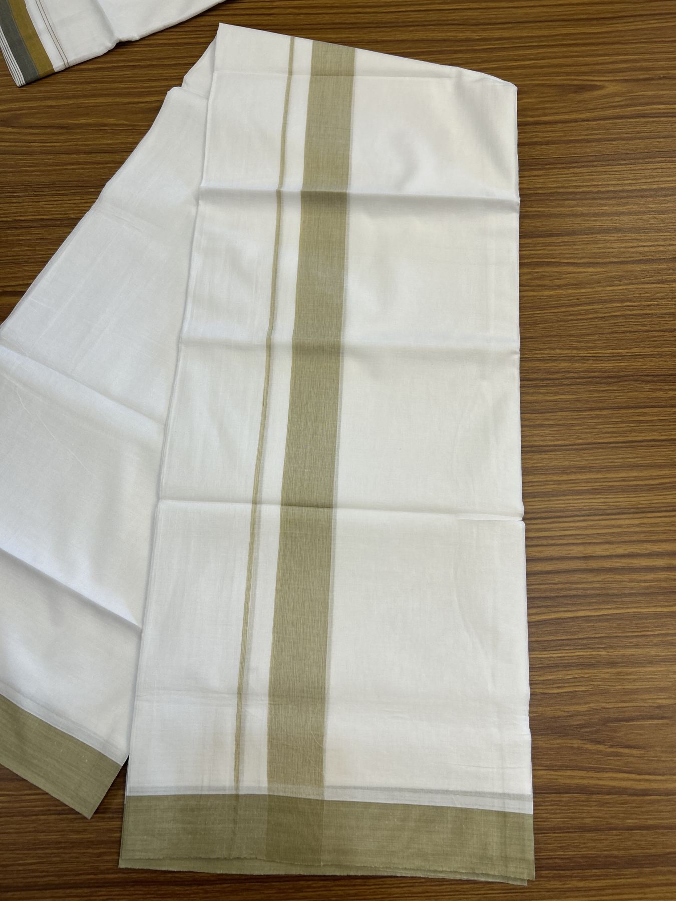 20% Discount! KaithariKada Balaramapuram 100% Cotton Double Pure white Mundu/Dhoti - 100X80 - 1.5 inch Light Olive shaded kara - 4 mtr ( 8.5 muzham) - 47 KK5341 VIN