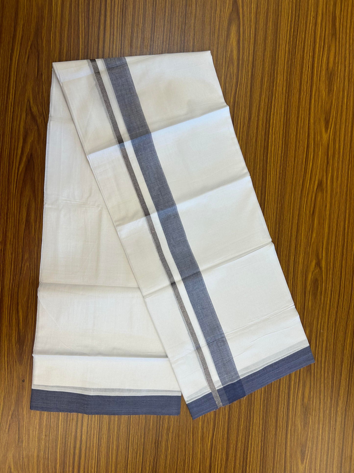 20% Discount ! KaithariKada Balaramapuram 100% Cotton Pure white Double Mundu/Dhoti - 100x80 - 1.5 inch Silver Kasav & Ash Blue Shaded Kara 4 M (8.5 muzham) - 65 KK5363 VIN