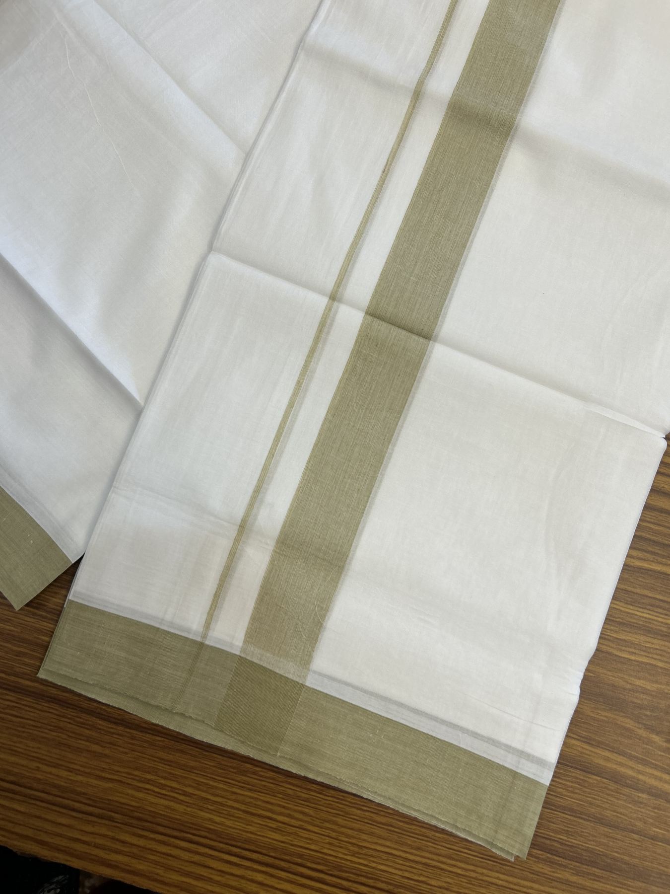 20% Discount! KaithariKada Balaramapuram 100% Cotton Double Pure white Mundu/Dhoti - 100X80 - 1.5 inch Light Olive shaded kara - 4 mtr ( 8.5 muzham) - 47 KK5341 VIN
